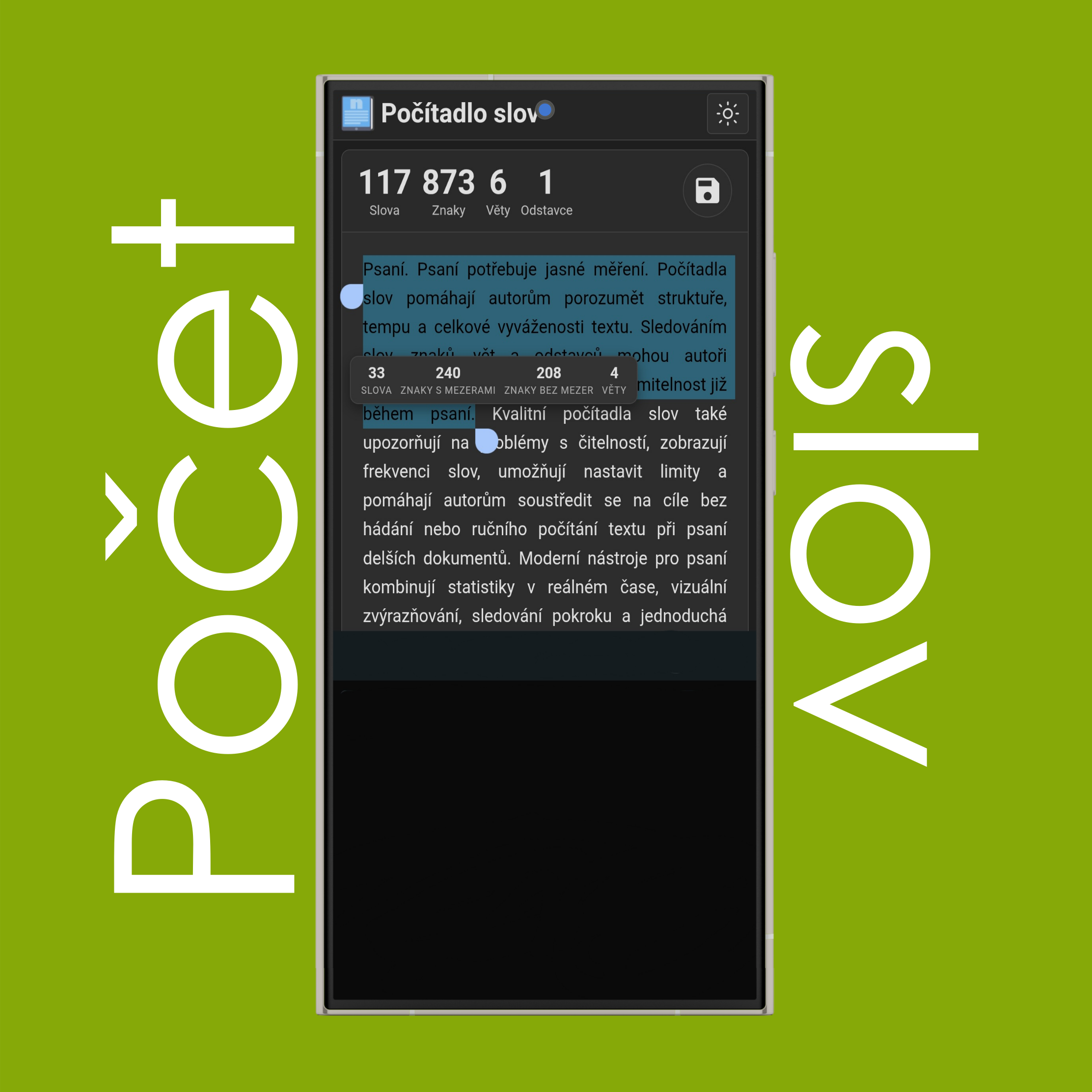 Počet slov, znaků (s mezerami i bez mezer) a vět pro vybraný text