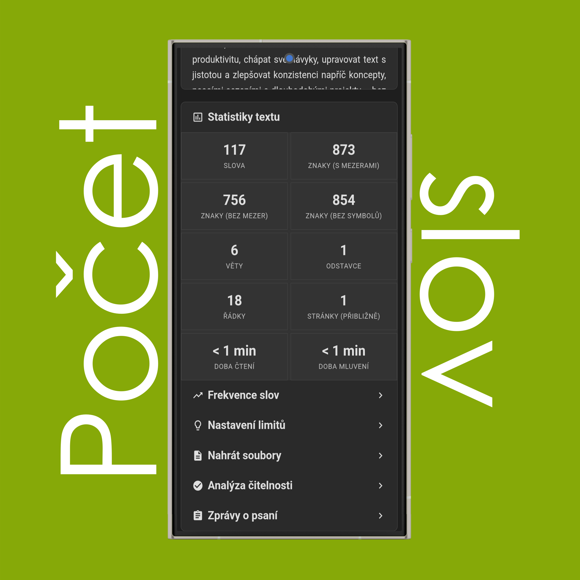 Pokročilé statistiky počítadla slov (znaky bez mezer / bez symbolů, řádky, stránky, čas čtení a čas mluvení)