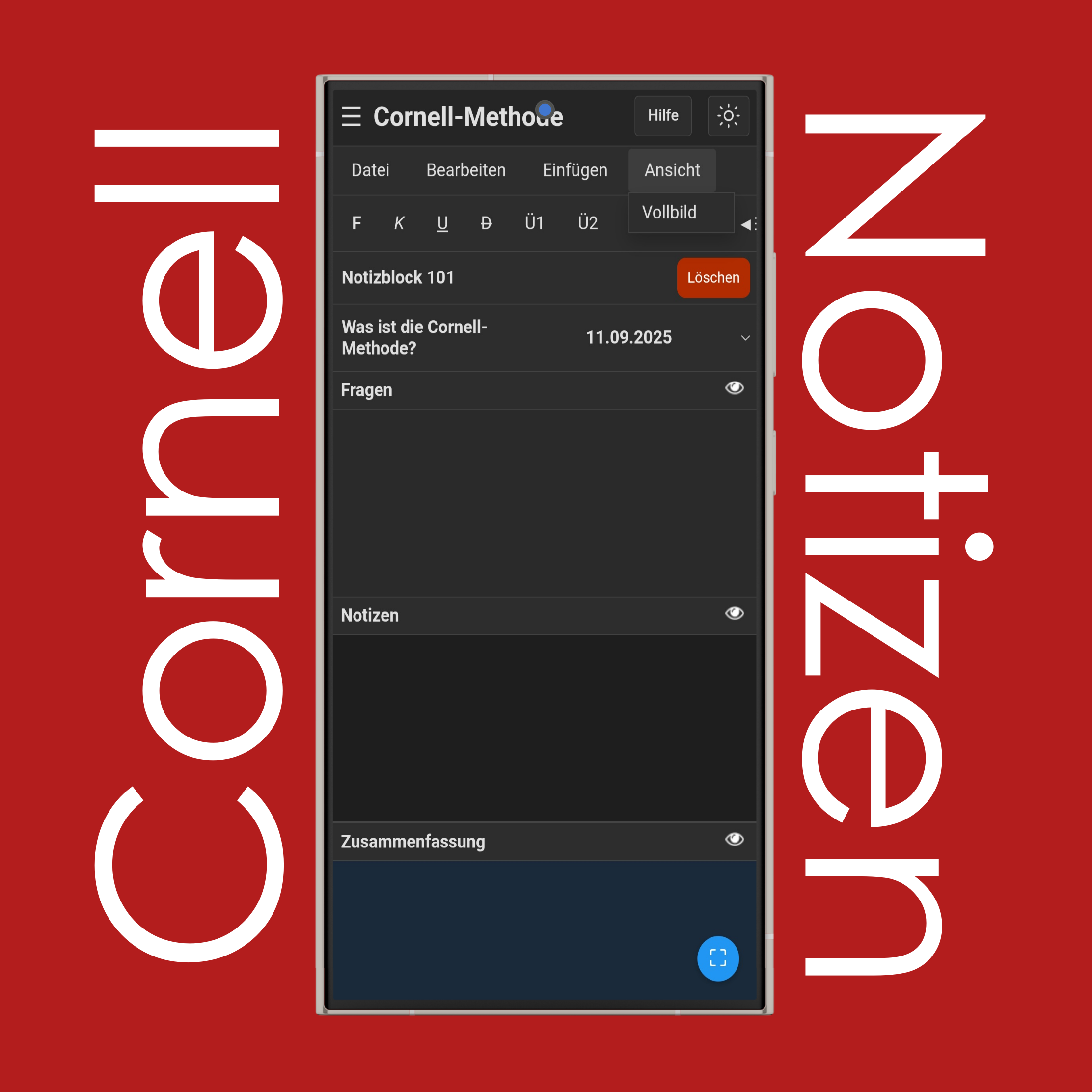 Cornell-Notizen-Ansicht-Menü