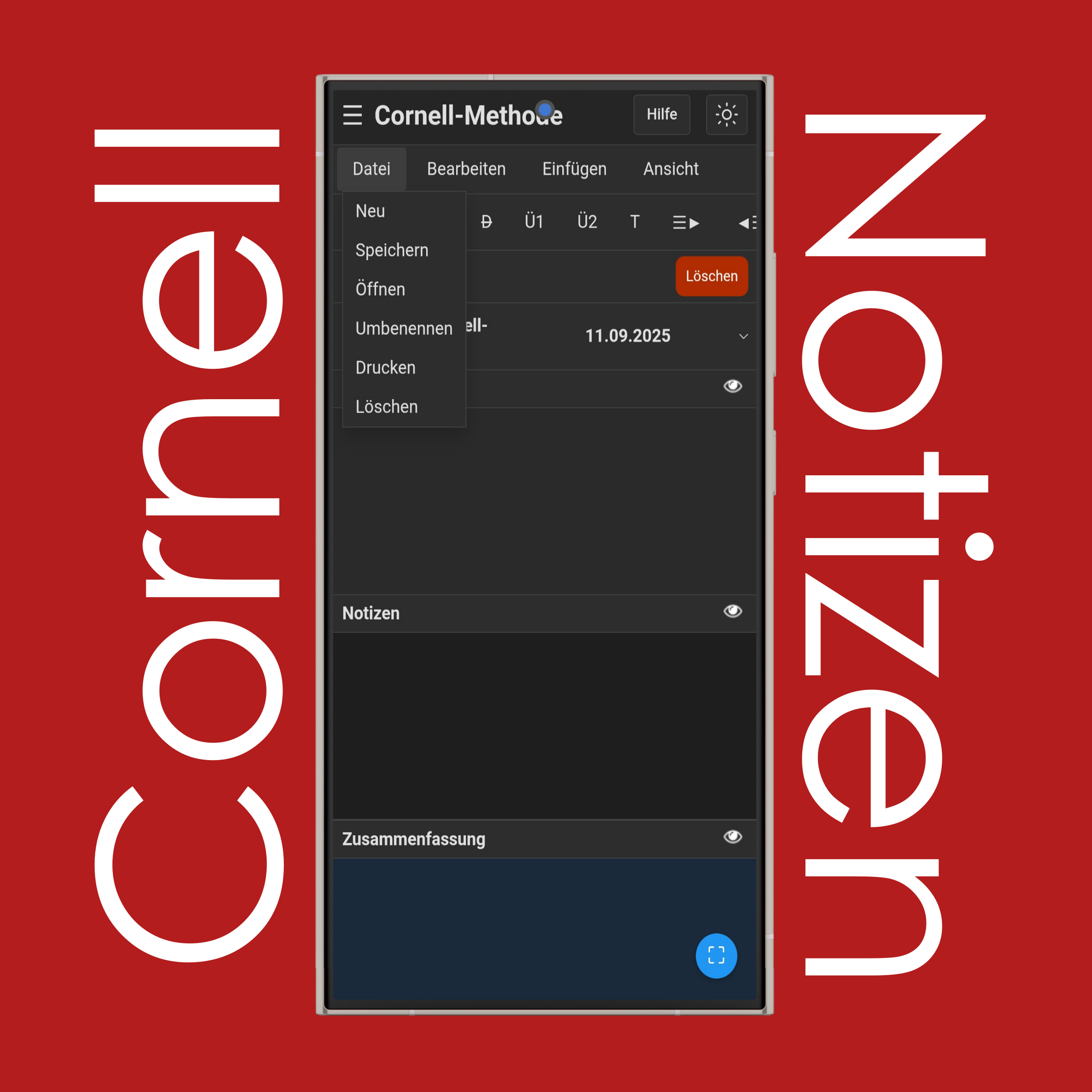 Cornell-Notizen-Datei-Menü