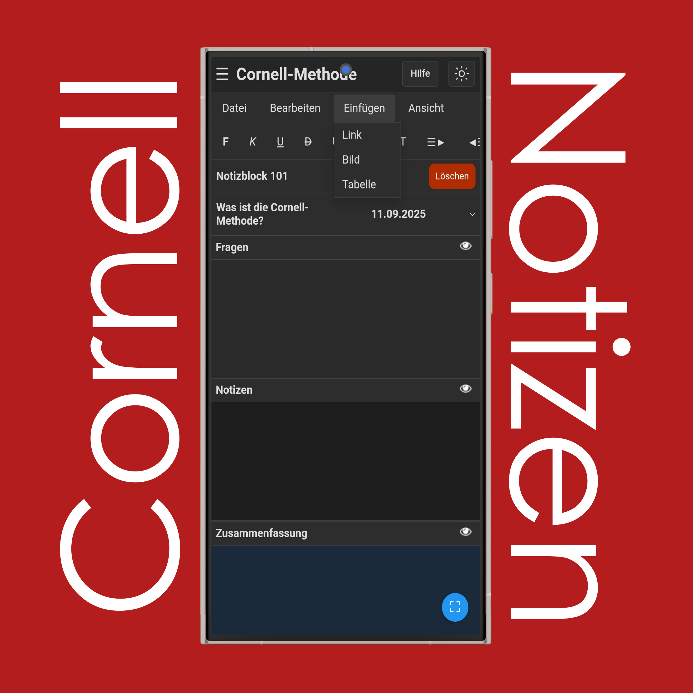 Cornell-Notizen-Einfügen-Menü