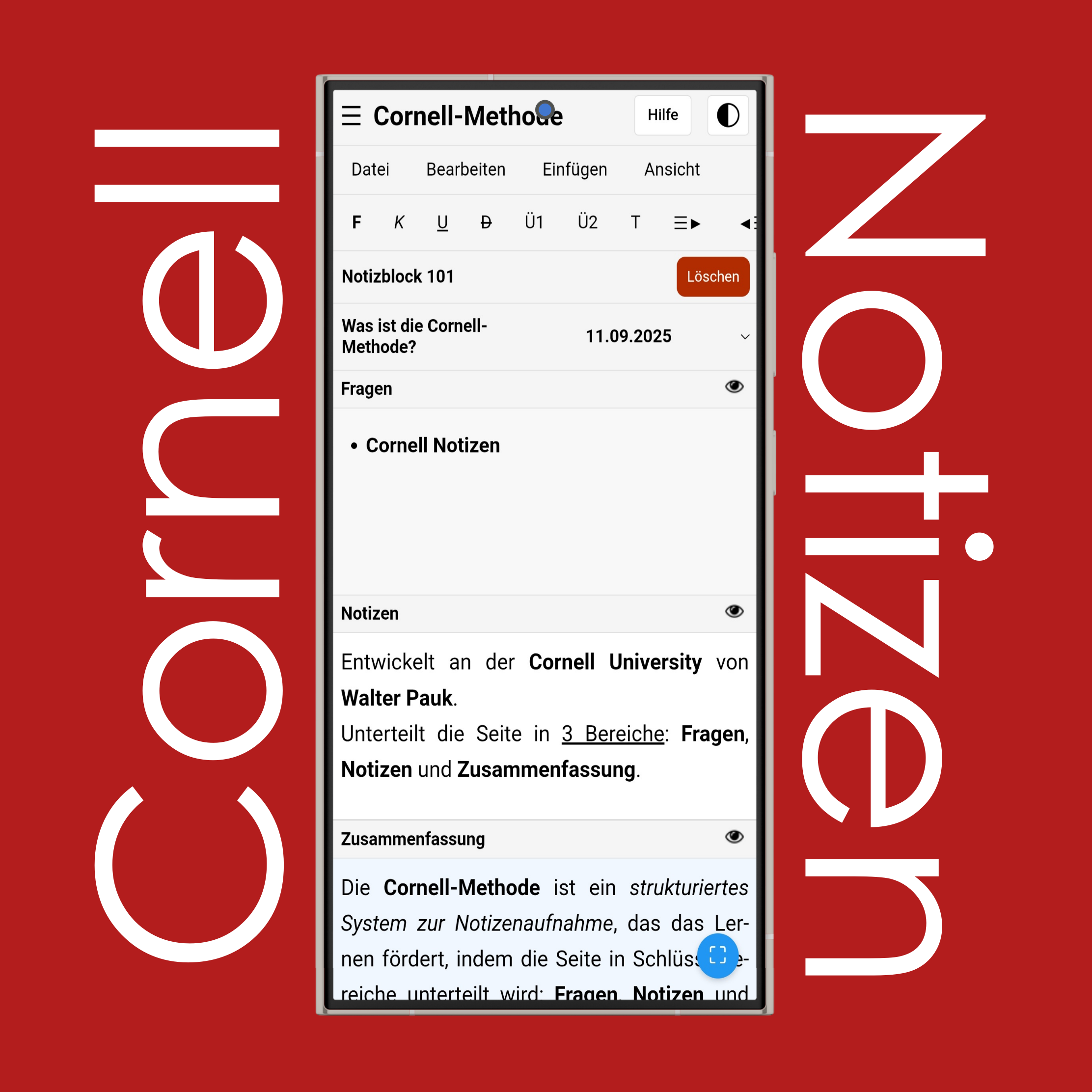 Cornell-Notizen Hell- & Dunkelmodus