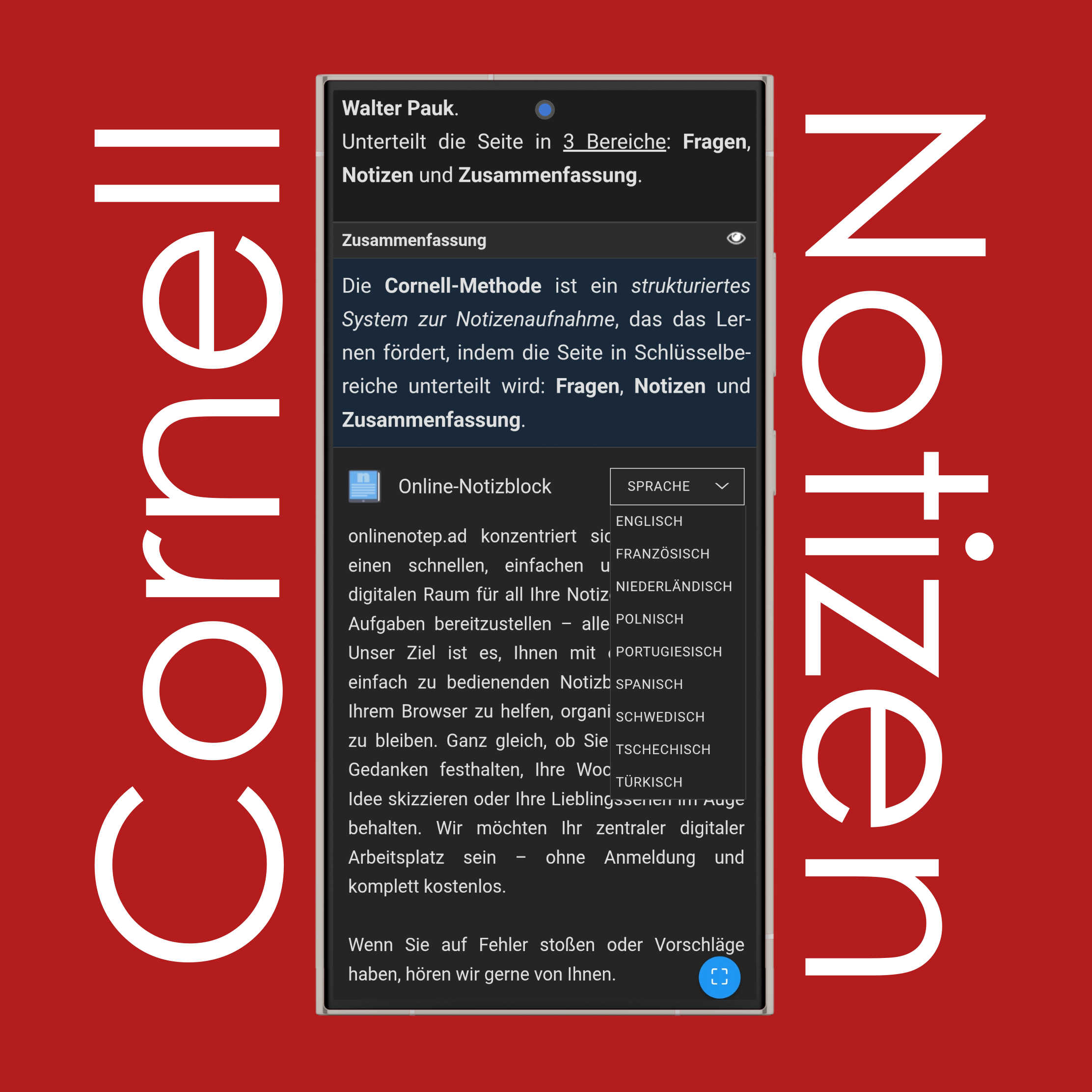 Cornell-Notizen Spracheinstellungen