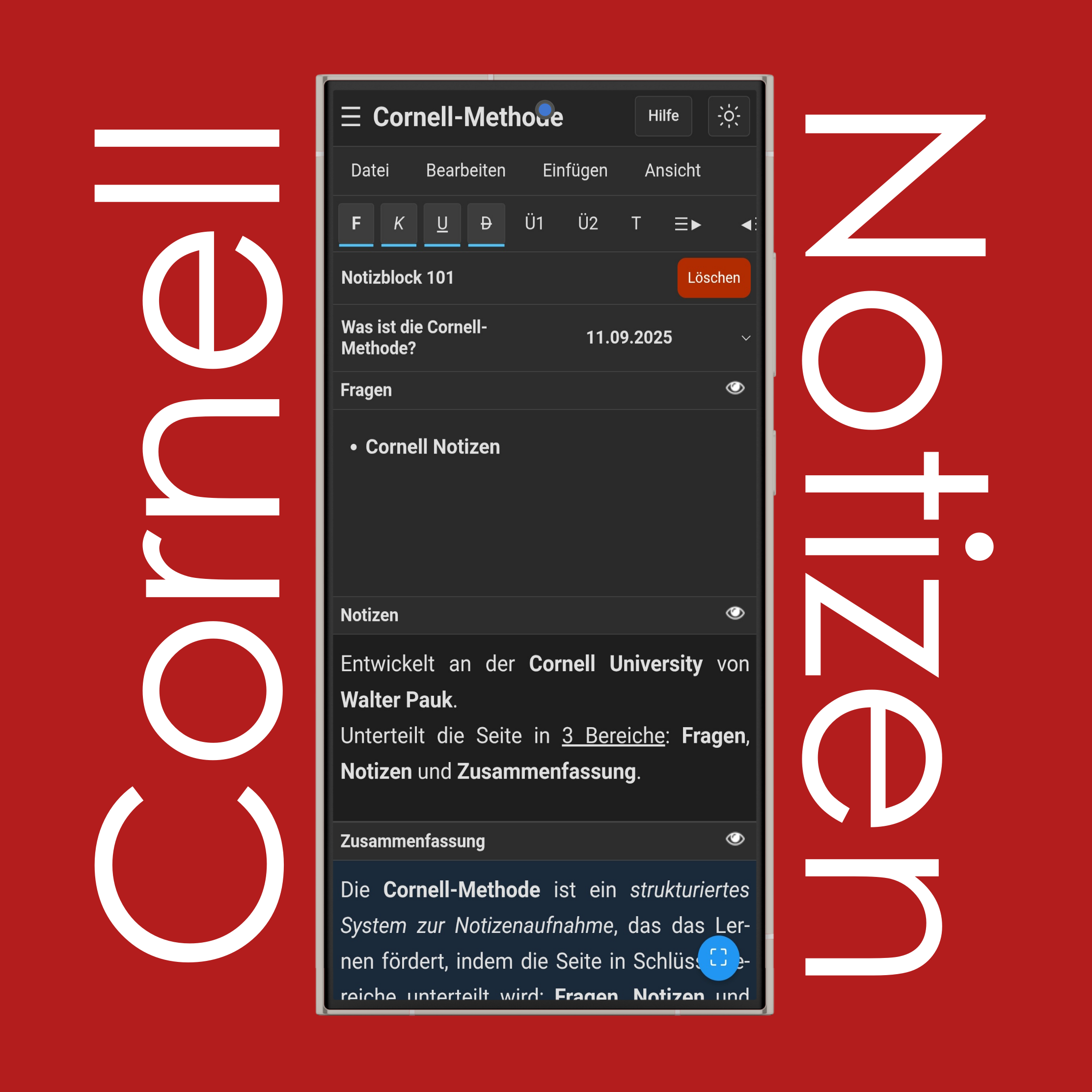 Cornell-Notizen-Textformatierung