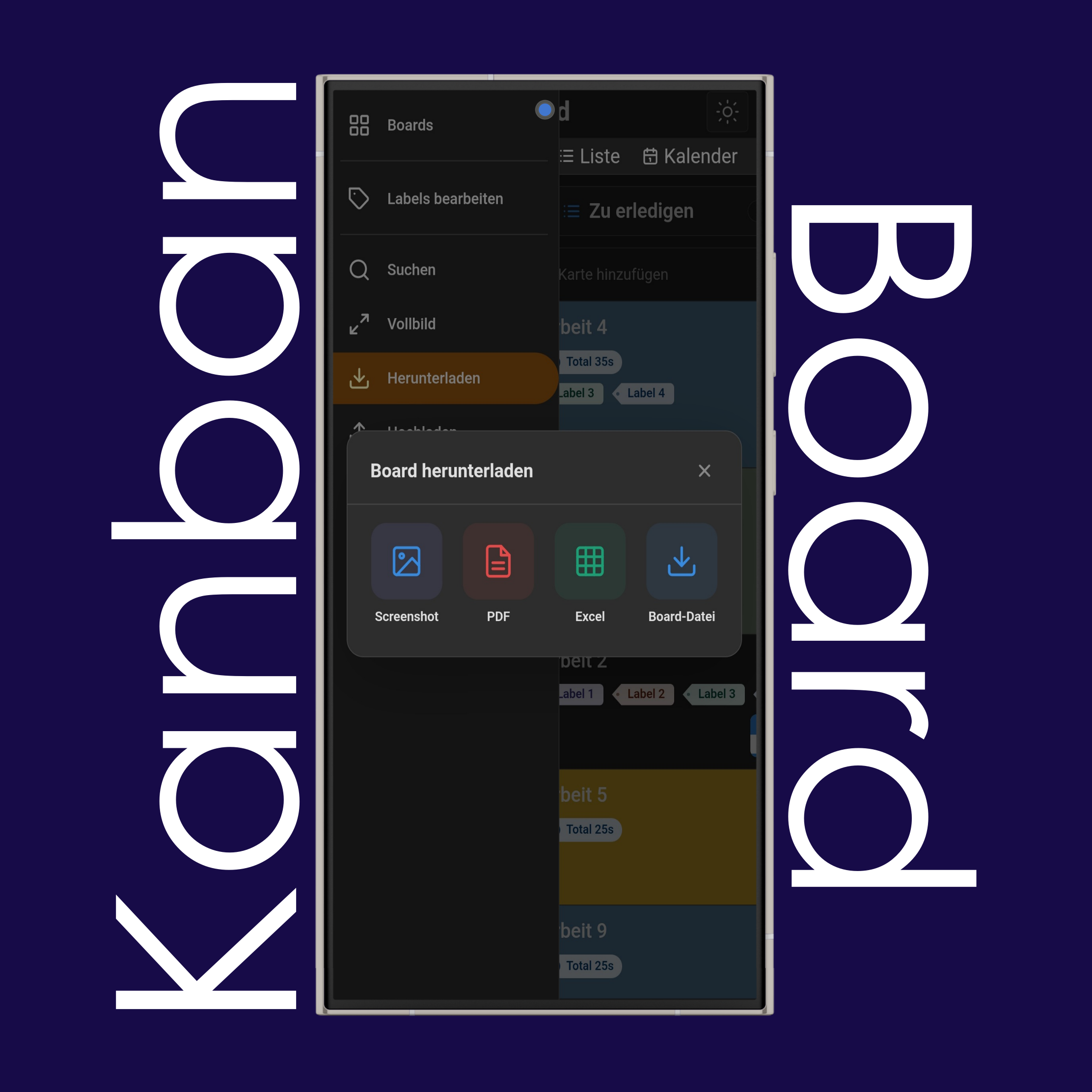Download-Optionen des Kanban-Boards