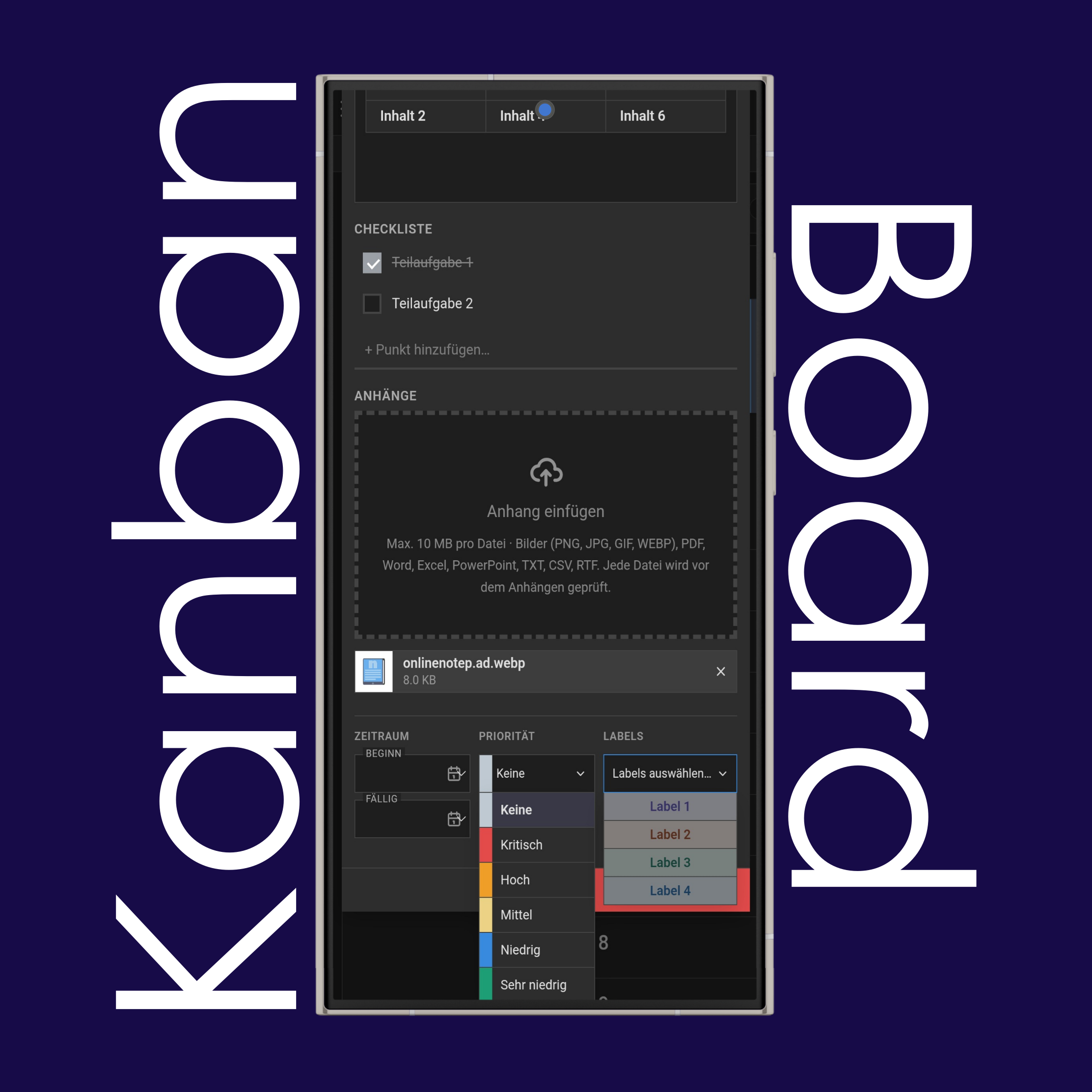 Karteneditor des Kanban-Boards: Anhänge, Fälligkeitsdatum, Priorität und Labels