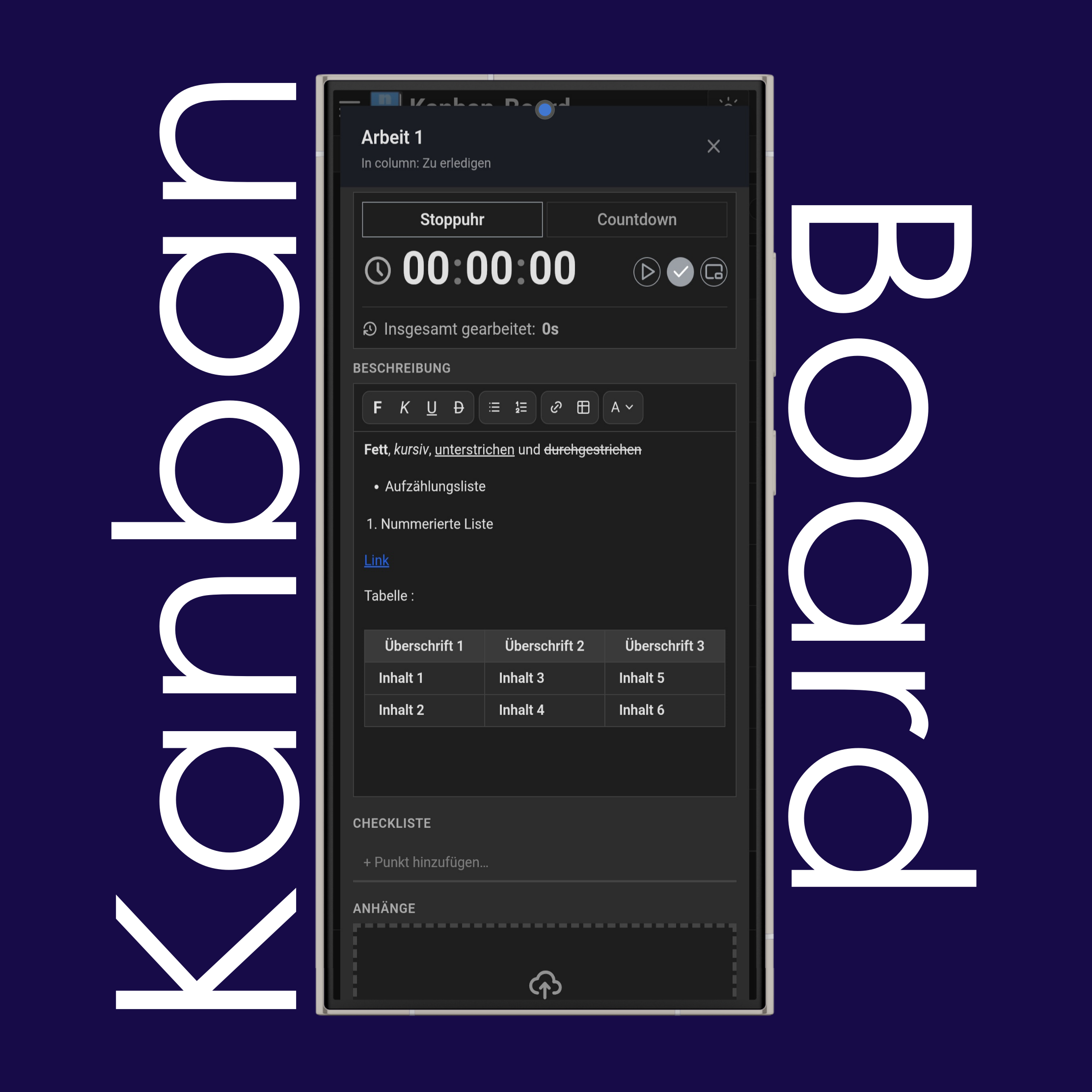 Karteneditor des Kanban-Boards: Umbenennen, Stoppuhr, Countdown, Texteditor und Checkliste