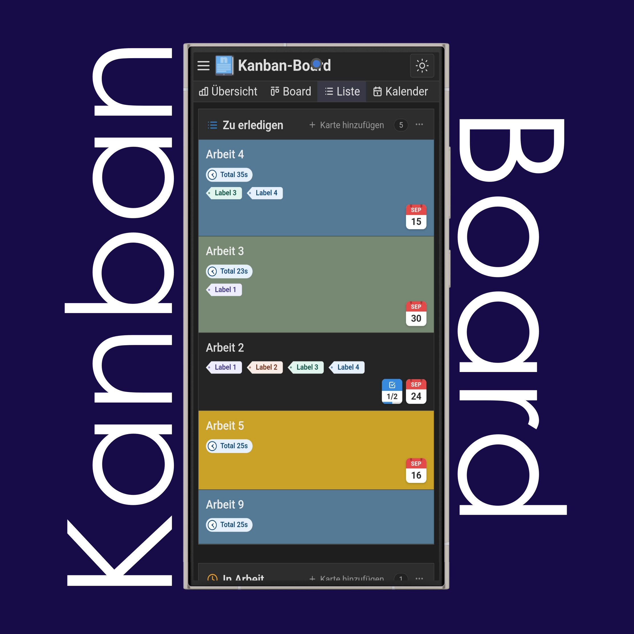 Listen- und Kalenderansicht des Kanban-Boards
