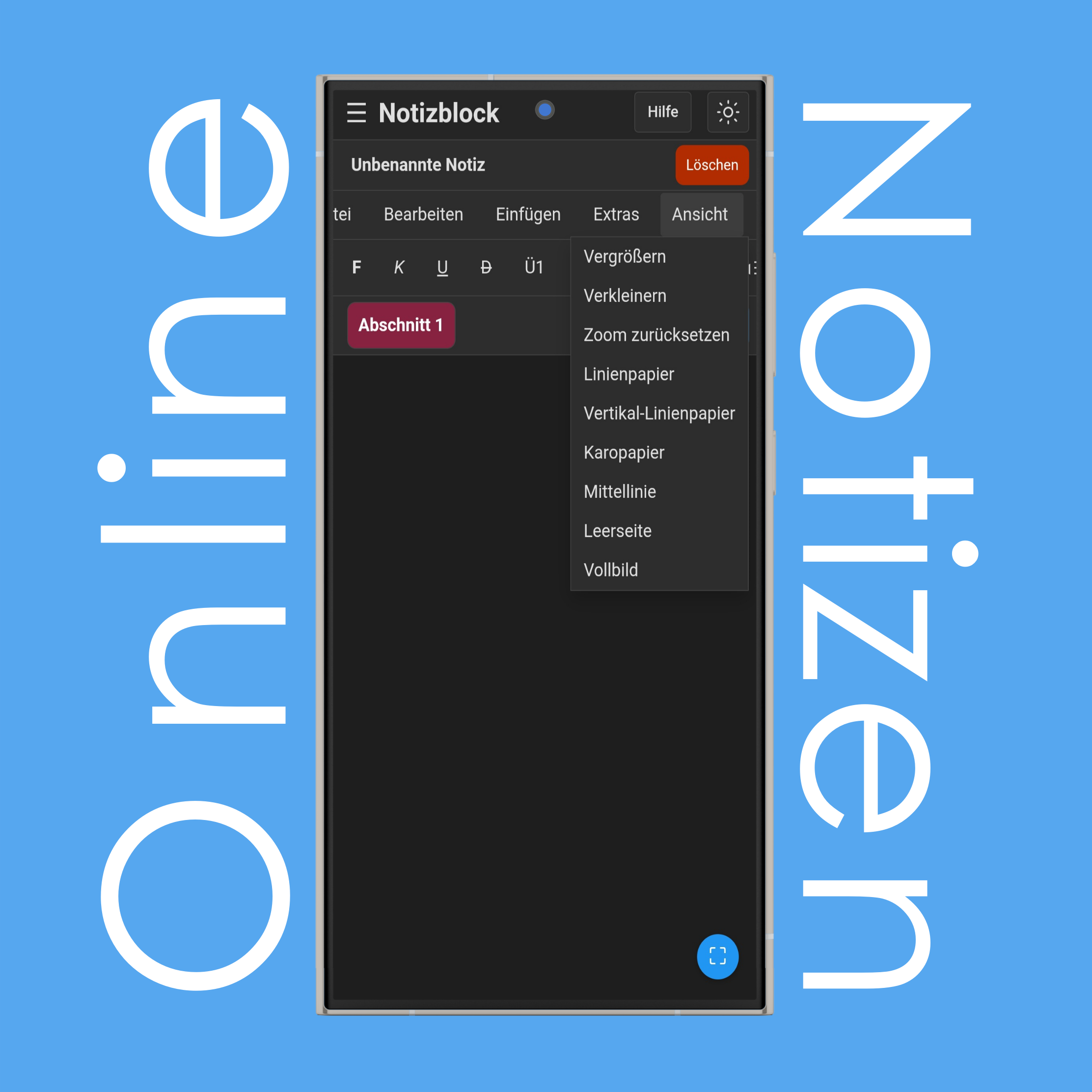 Notizblock-Ansicht-Menü