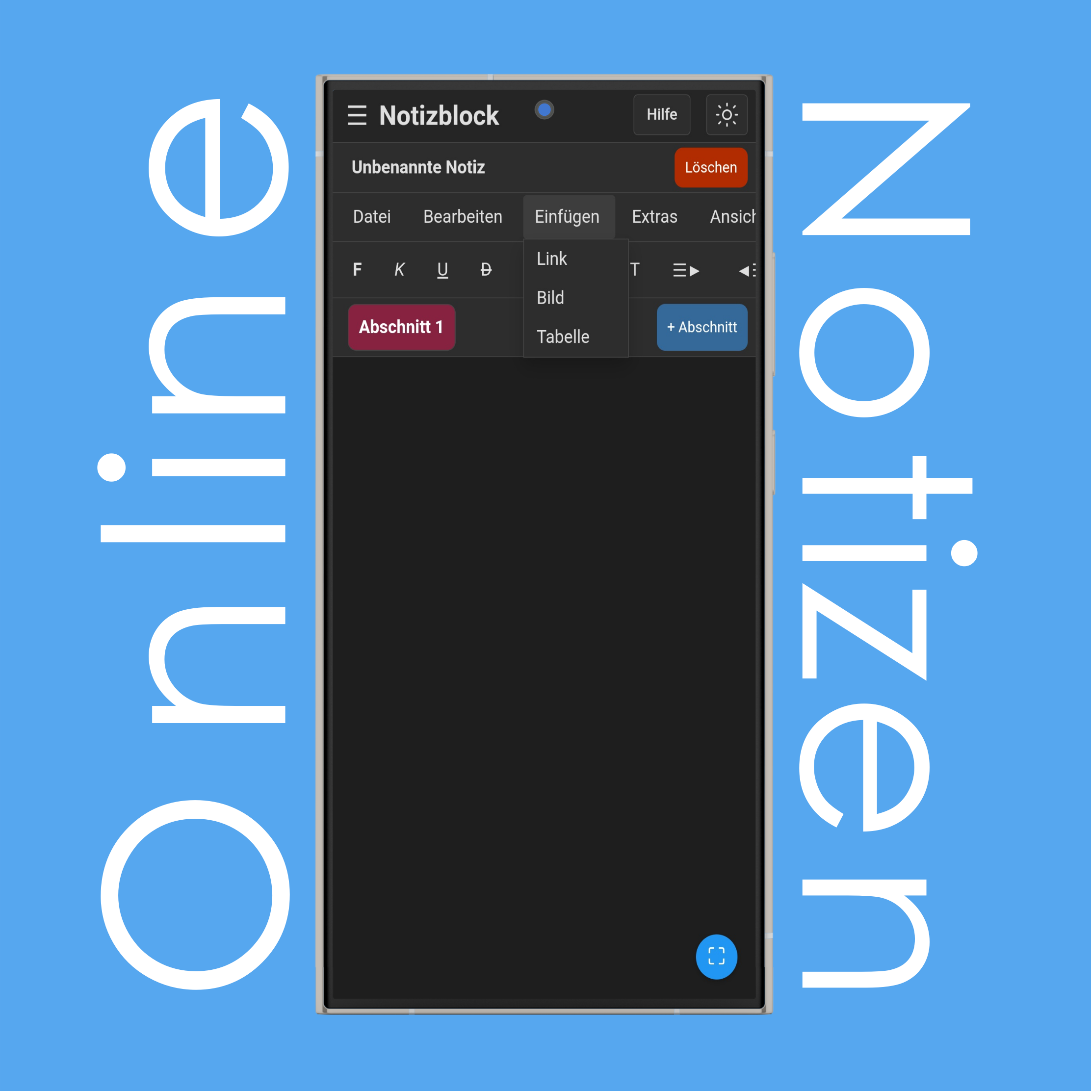 Notizblock-Einfügen-Menü