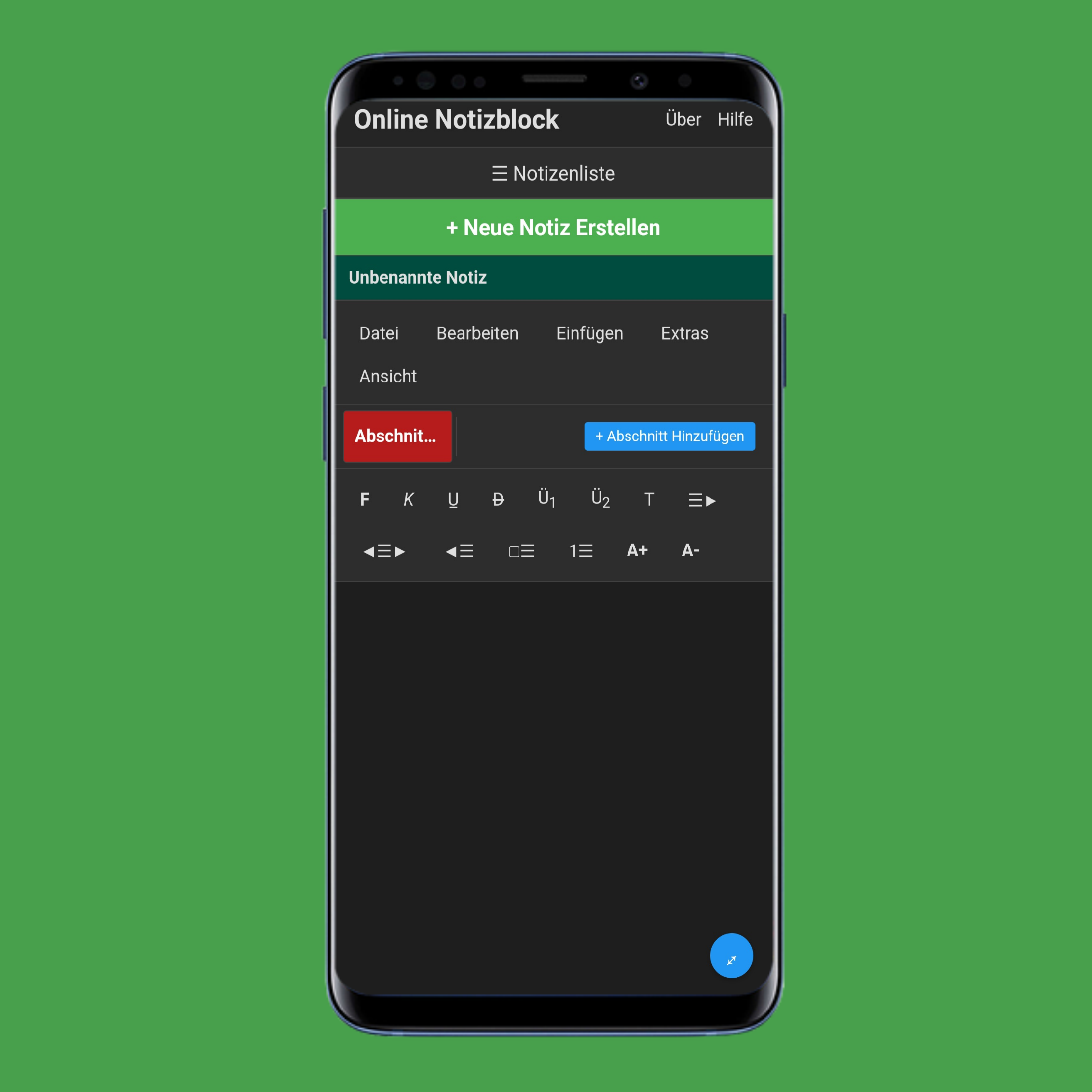 Notizenliste und 'Neue Notiz'-Button