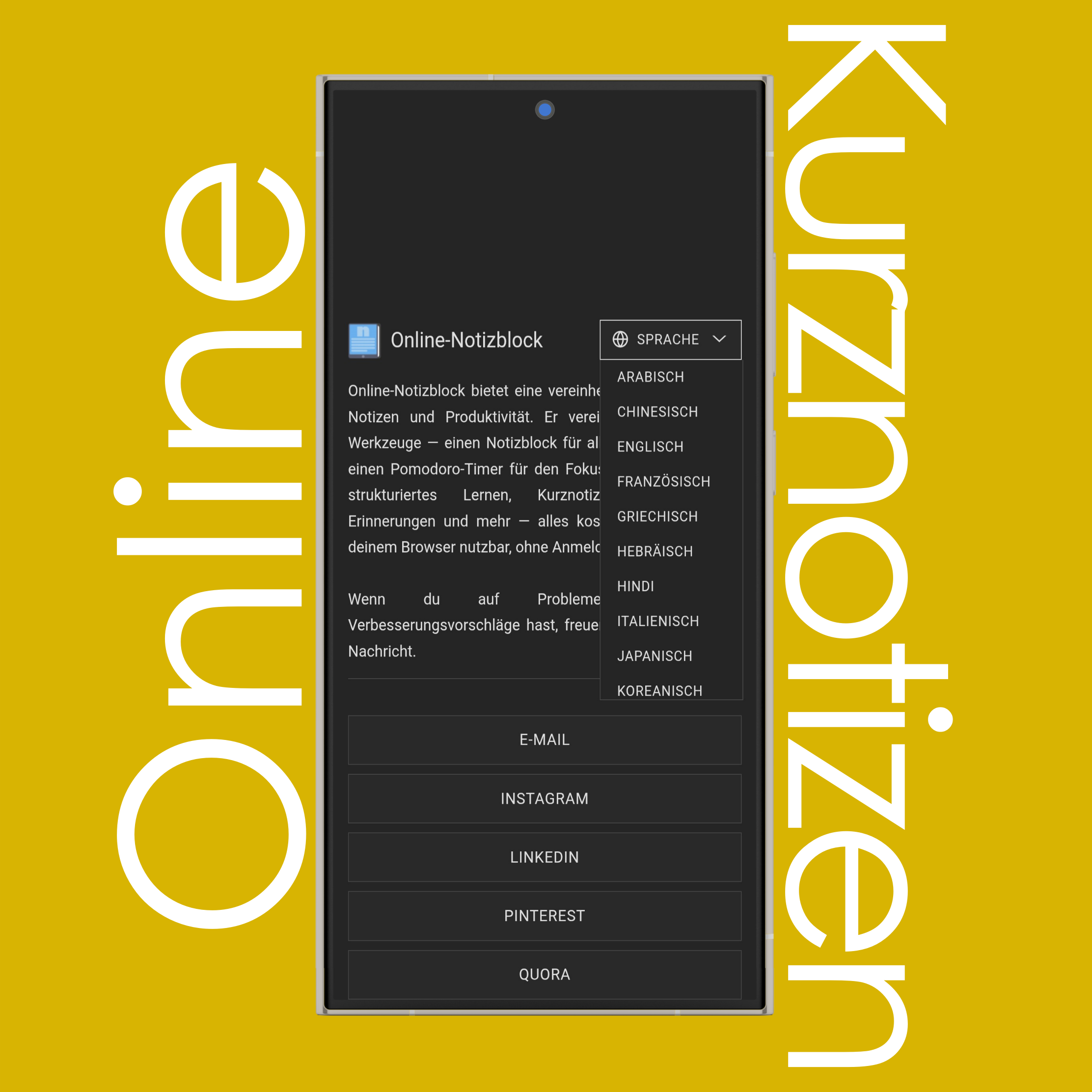 Sprachliste (Optionen) für Kurznotizen