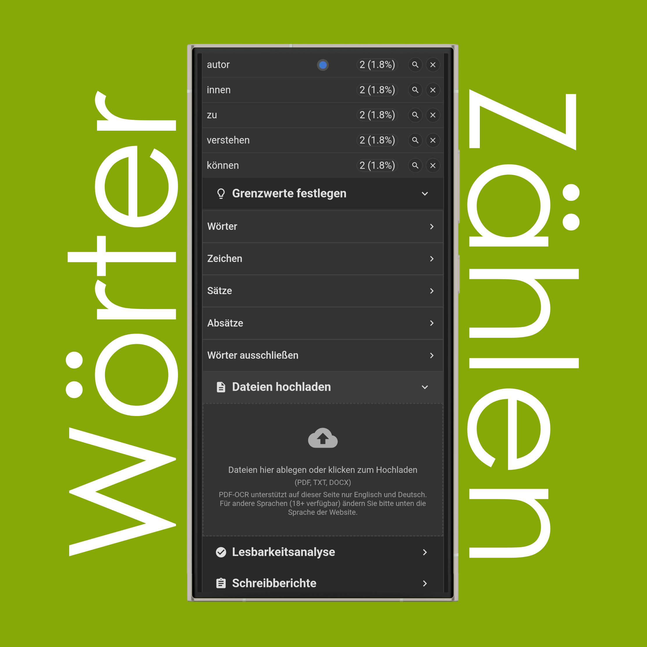 Dateien hochladen (PDF, TXT, DOCX) zur Wort- und Zeichenzählung