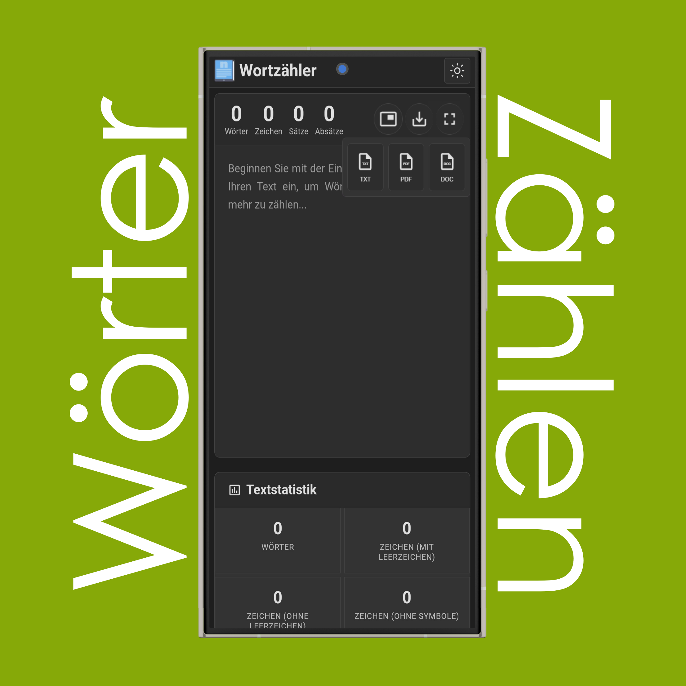 Wortstatistiken, Worthäufigkeit und Text-Download-Optionen
