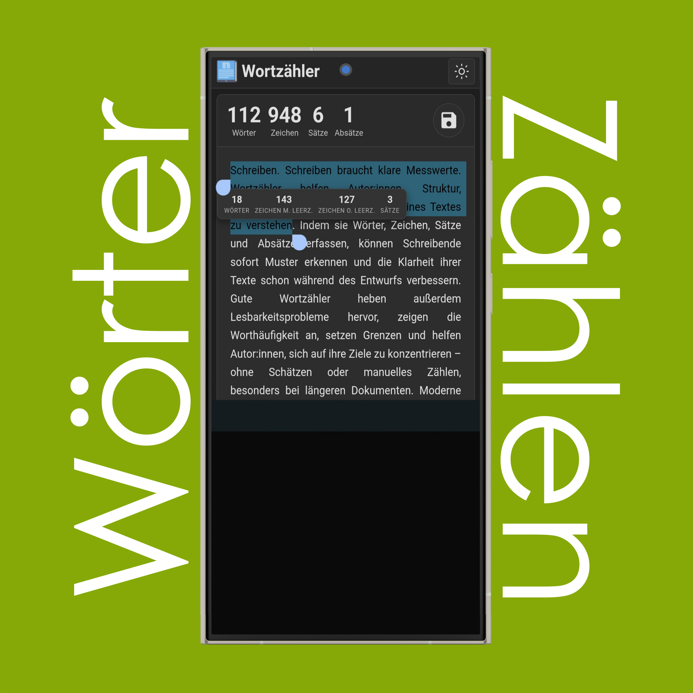 Wort-, Zeichen- (mit/ohne Leerzeichen) und Satzzahl für markierten Text
