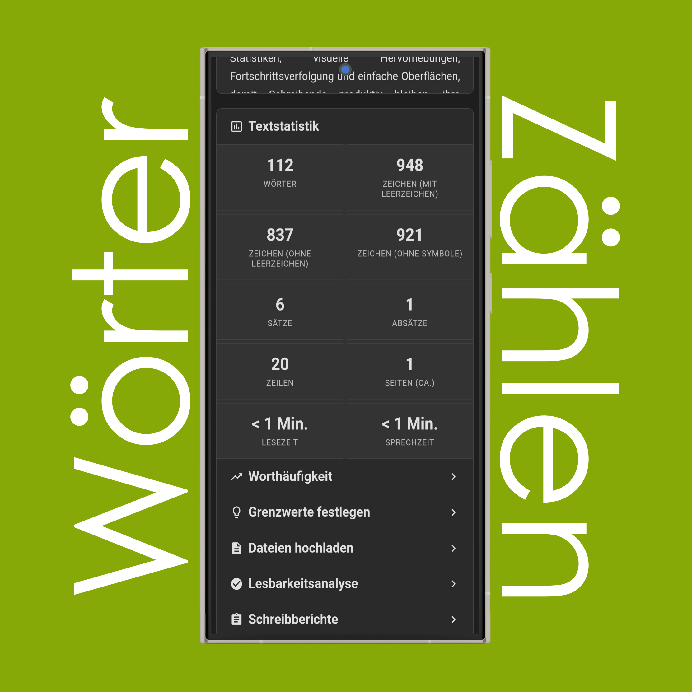 Erweiterte Statistiken (Zeichen ohne Leerzeichen/Symbole, Zeilen, Seiten, Lese- und Sprechzeit)
