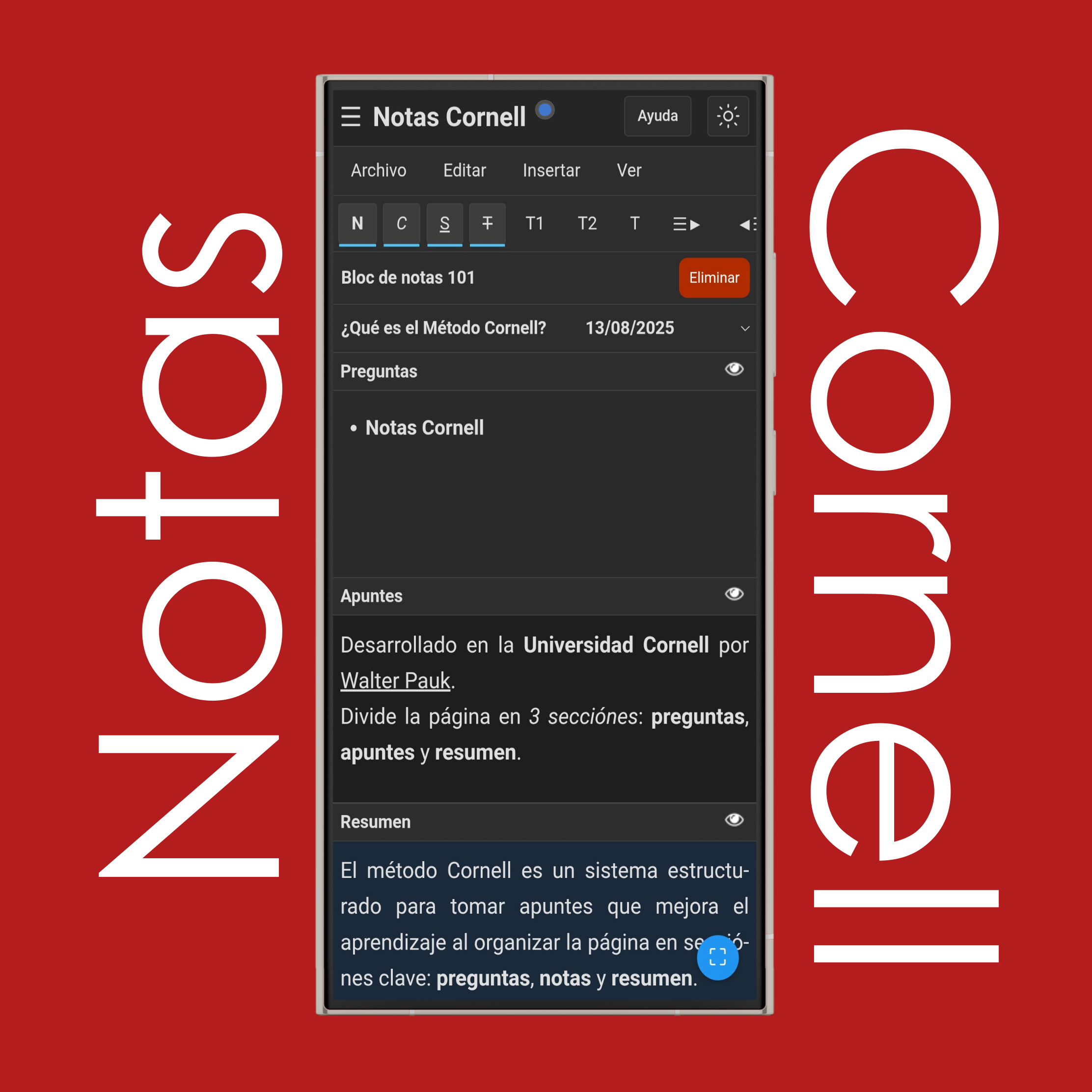 Formato de texto en notas Cornell
