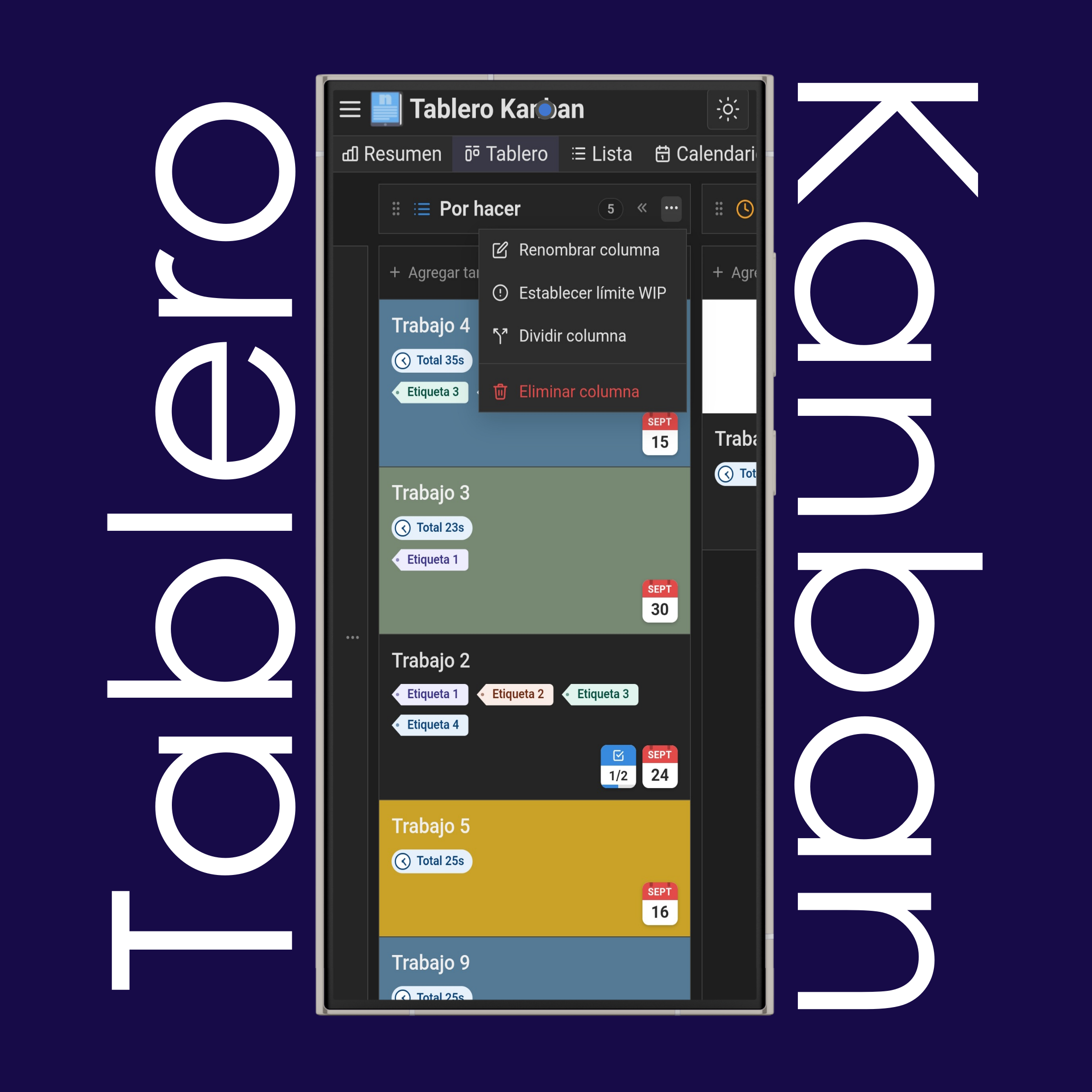Configuración de columnas del tablero kanban