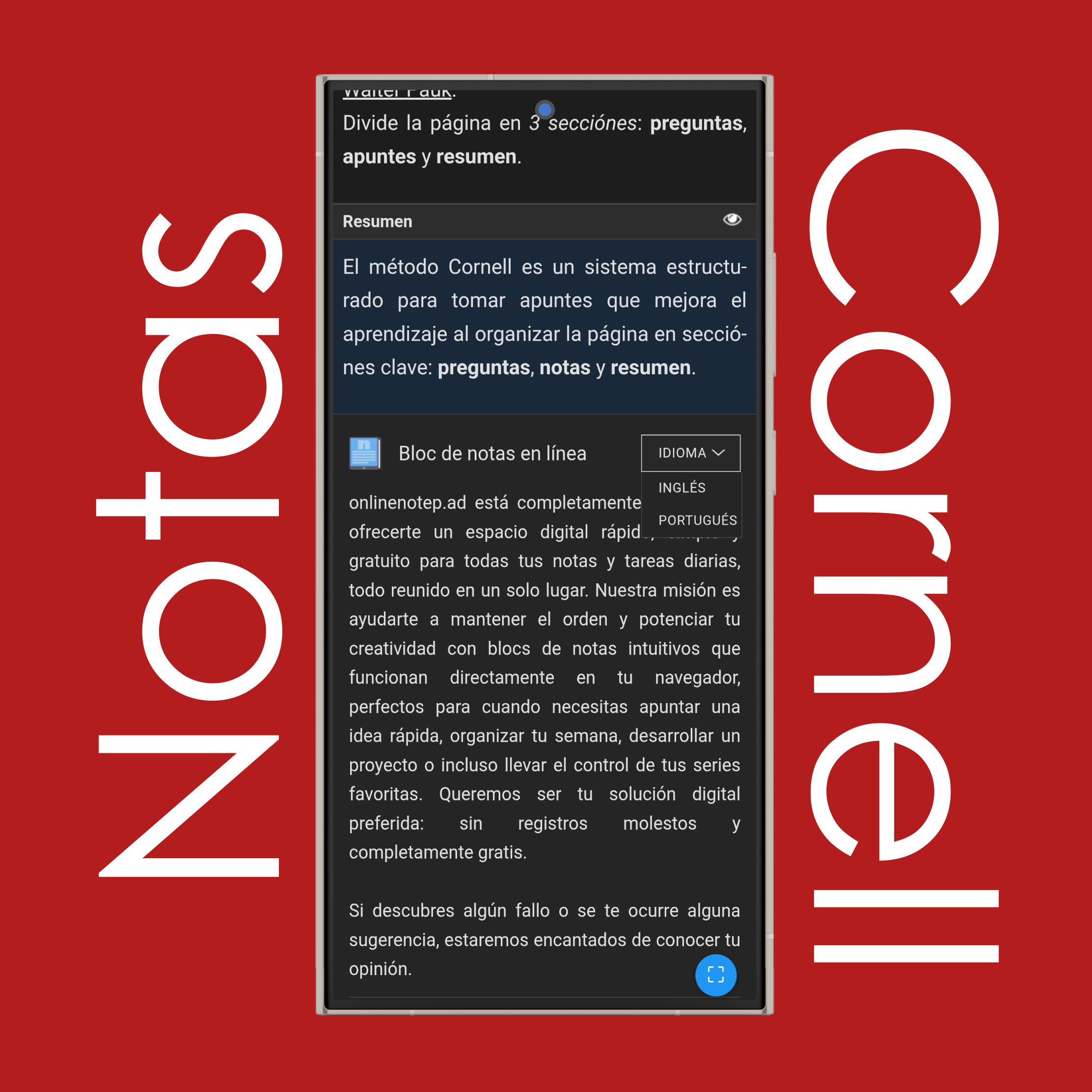 Configuración de idioma para notas Cornell