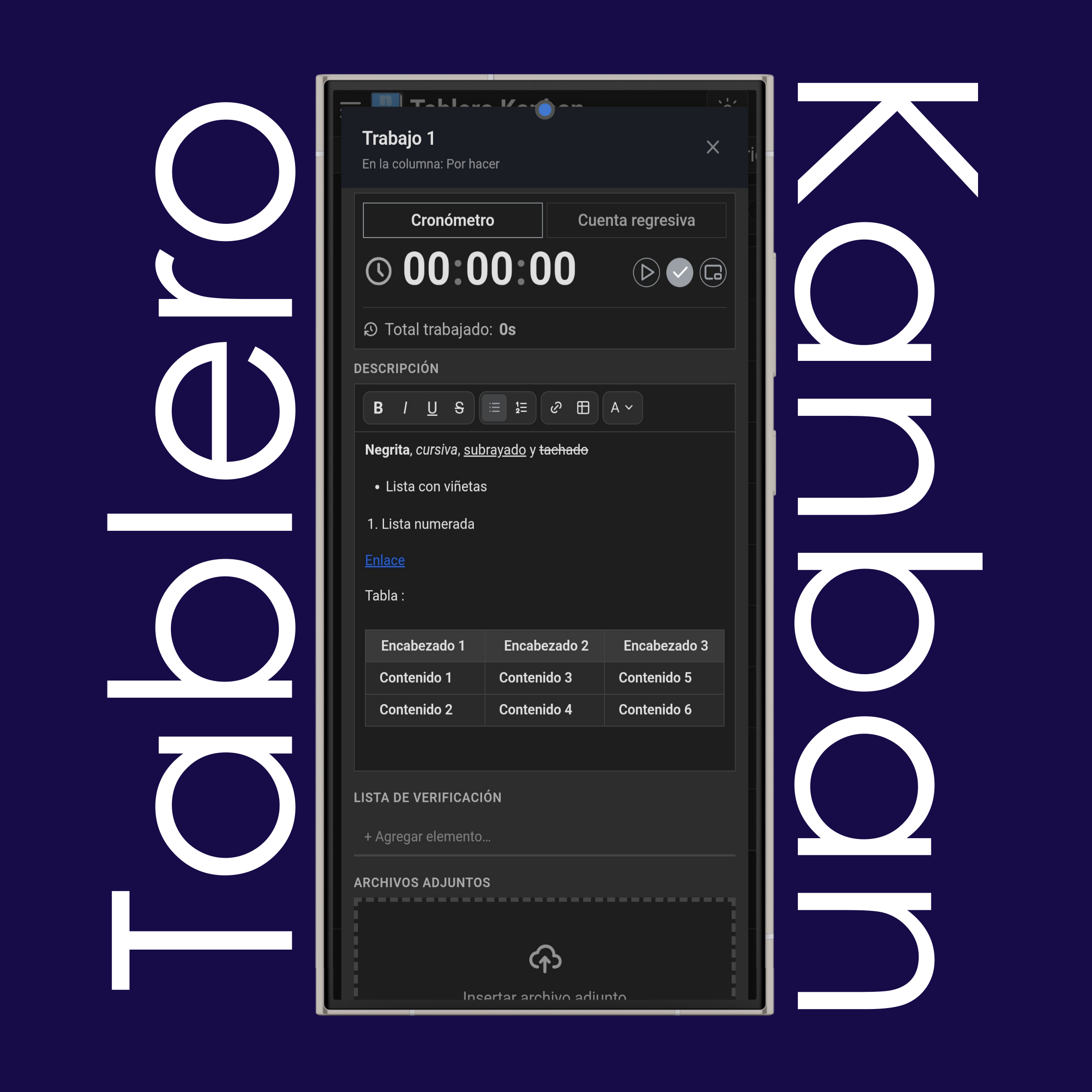 Editor de tarjetas del tablero kanban: renombrar, cronómetro, cuenta regresiva, editor de texto y lista de verificación