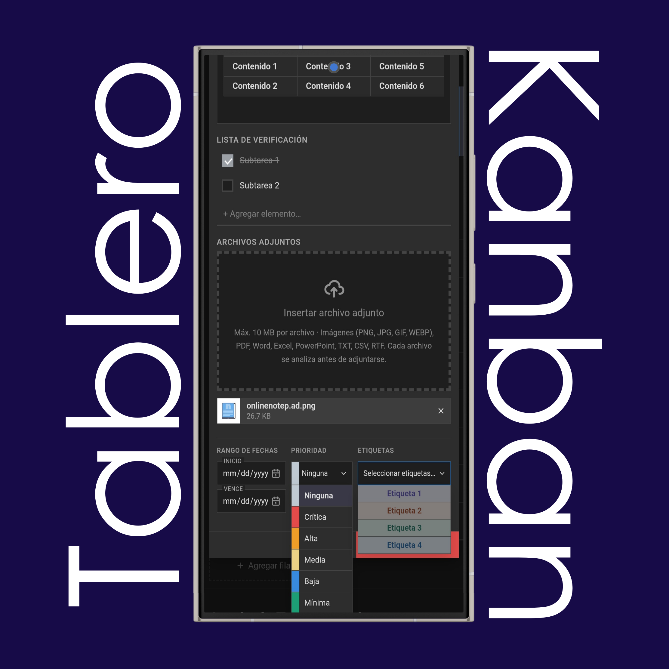 Editor de tarjetas del tablero kanban: archivos adjuntos, fecha de vencimiento, prioridad y etiquetas