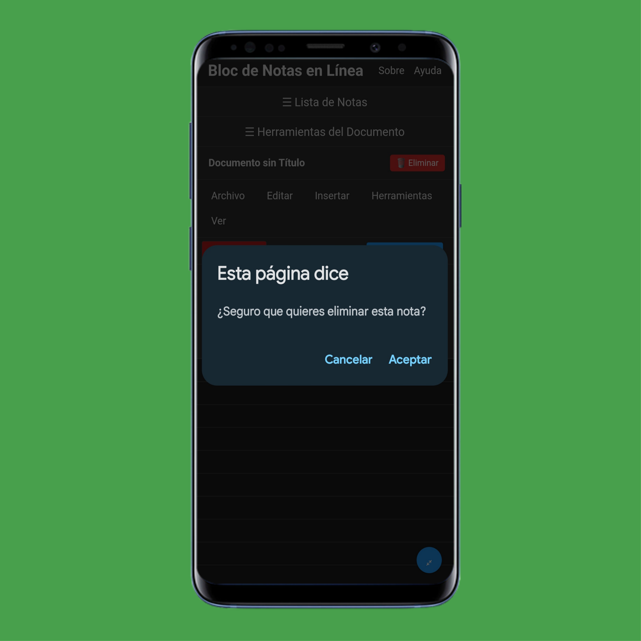 Alerta de confirmación: Eliminar nota de onlinenotep.ad