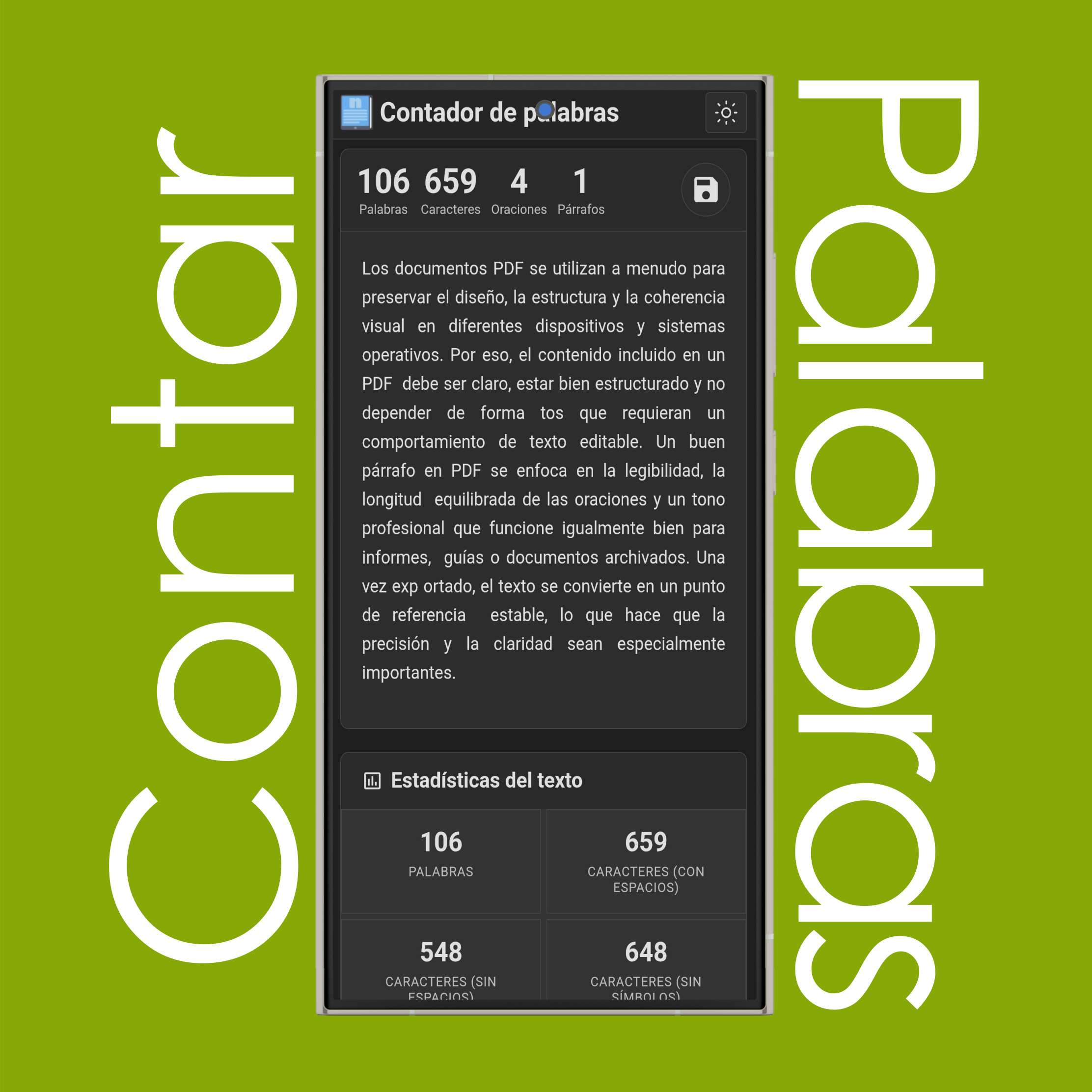 Resultado del conteo y estadísticas del archivo subido
