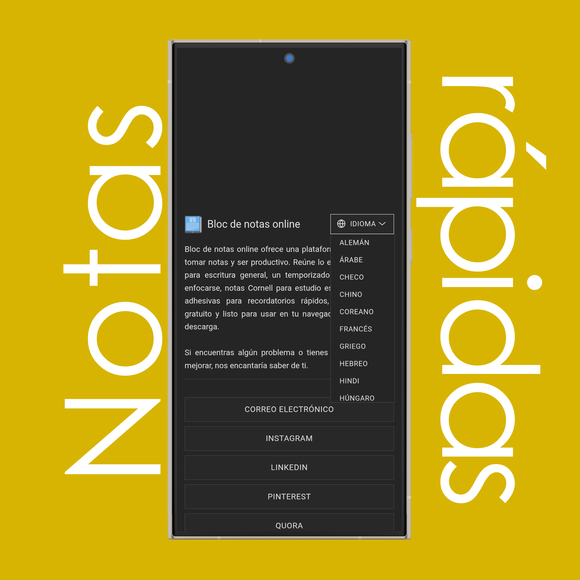 Lista de idiomas notas rápidas (opciones)