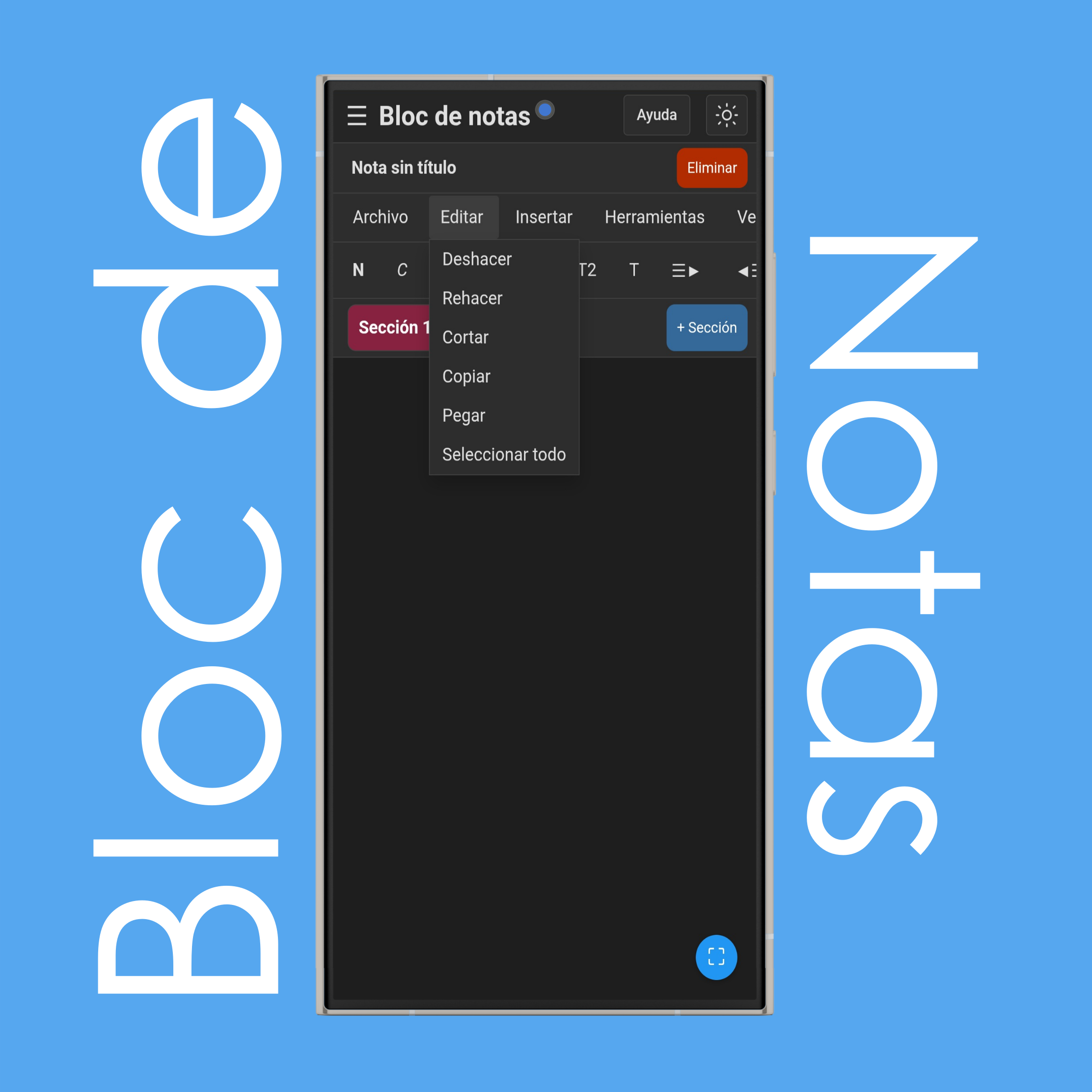 Menú Editar del bloc de notas