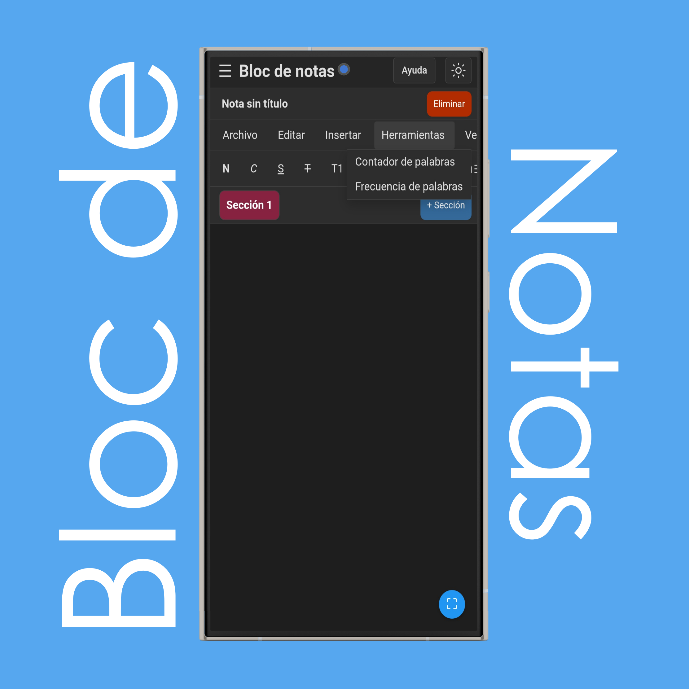Menú Herramientas del bloc de notas
