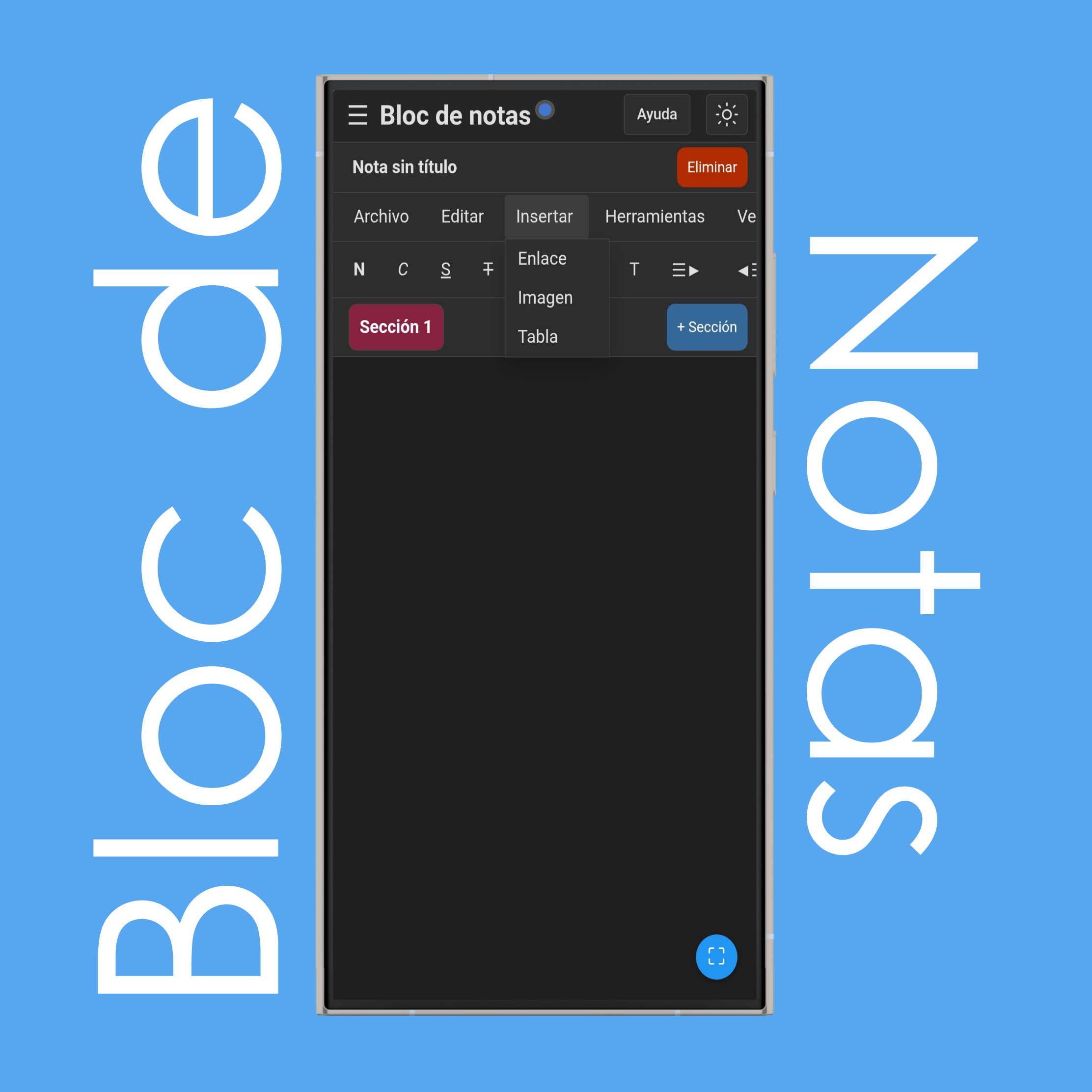 Menú Insertar del bloc de notas