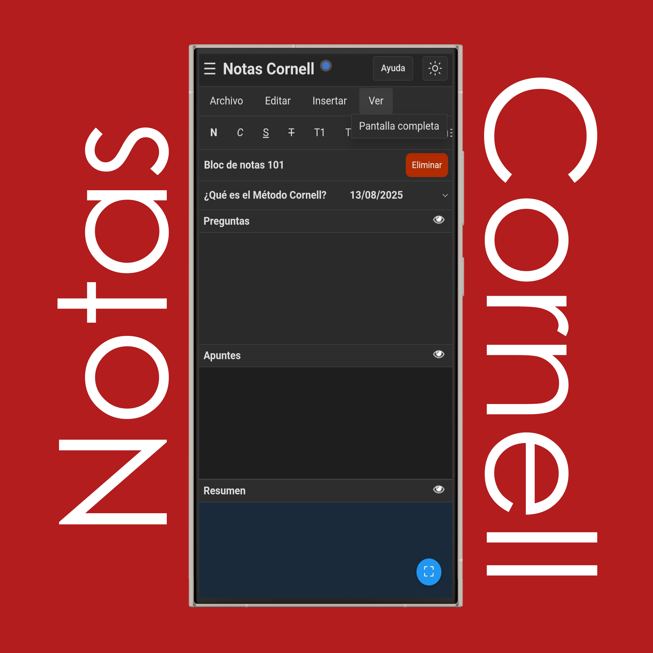 Menú Ver de notas Cornell
