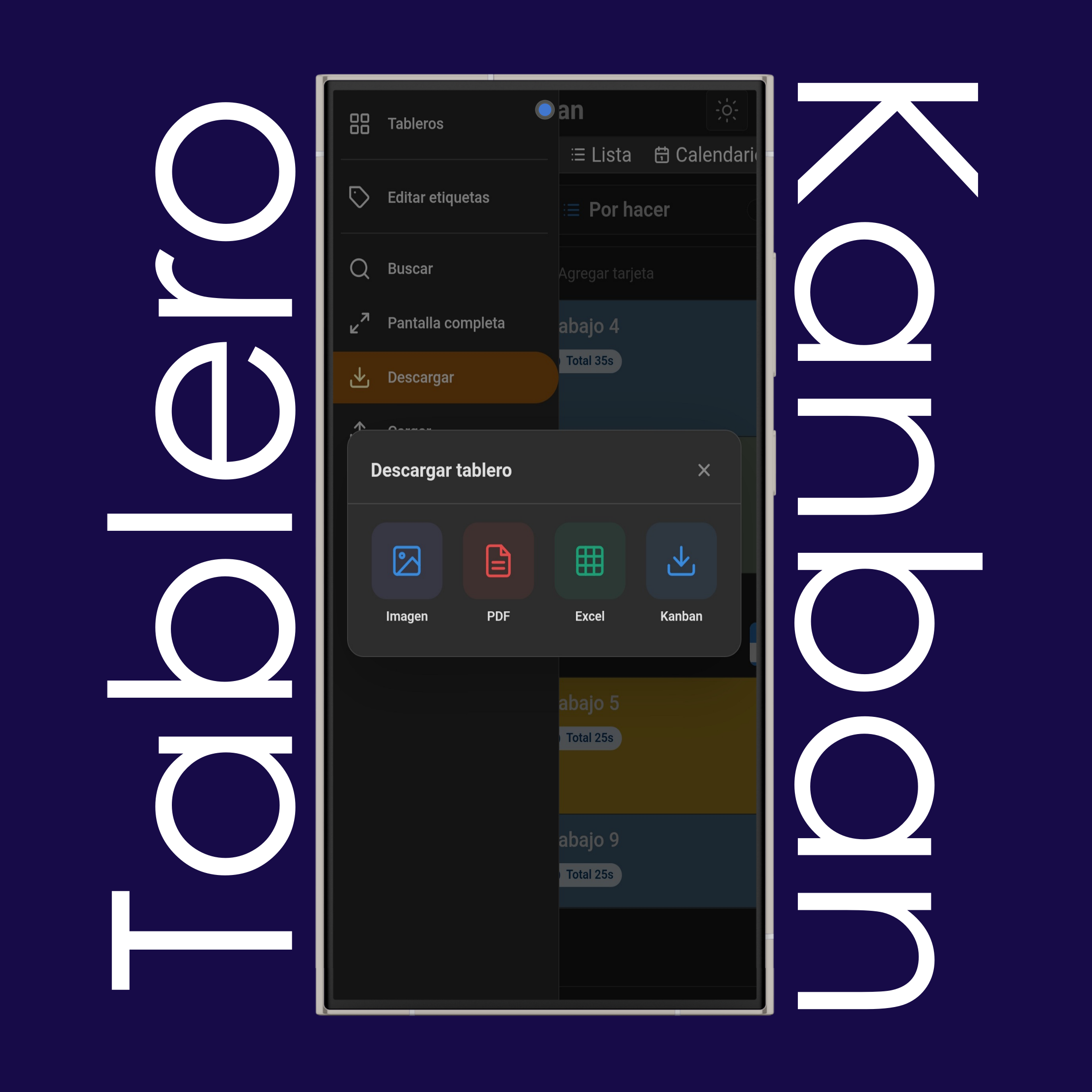 Opciones de descarga del tablero kanban