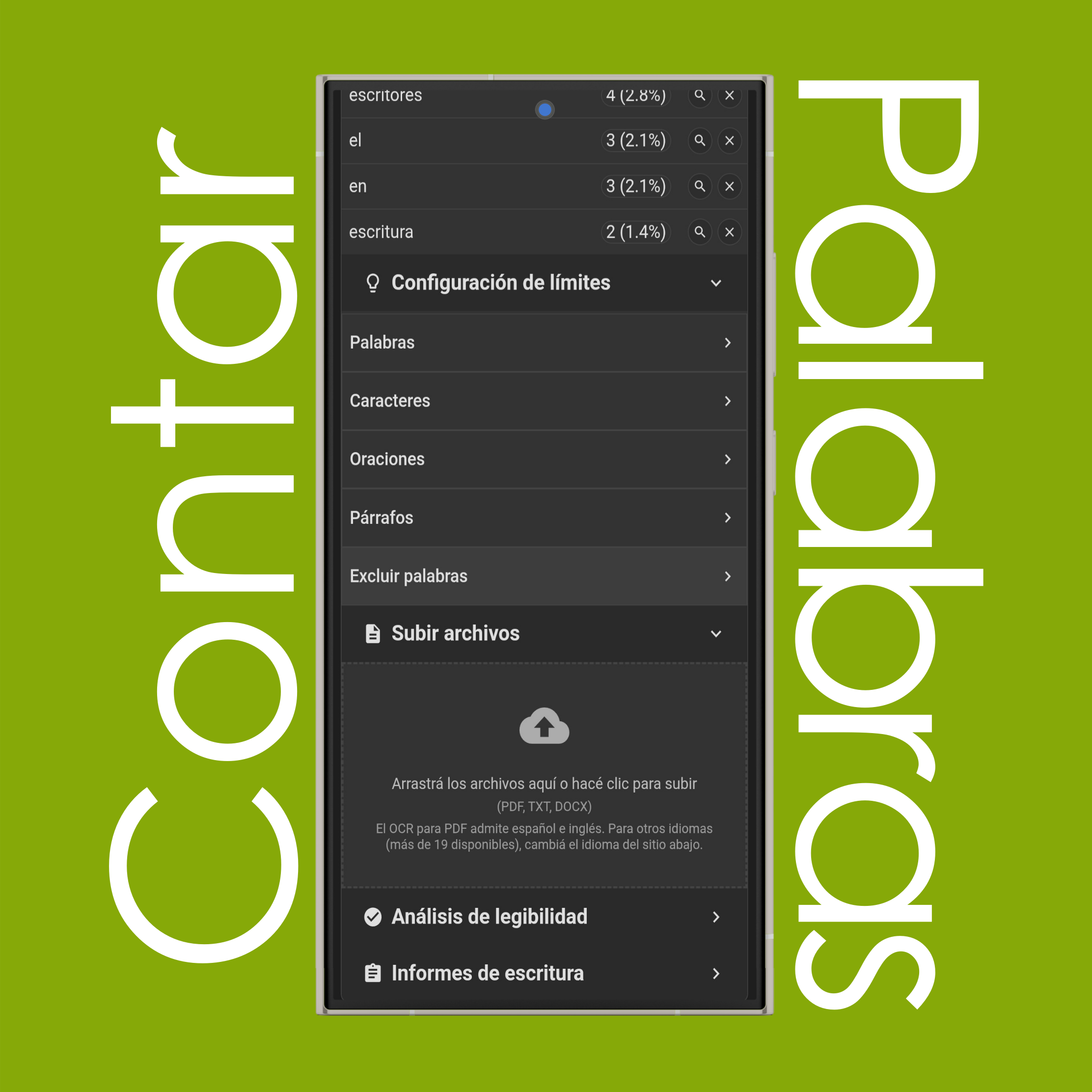 Subir archivo (PDF, TXT, DOCX) para contar palabras y caracteres