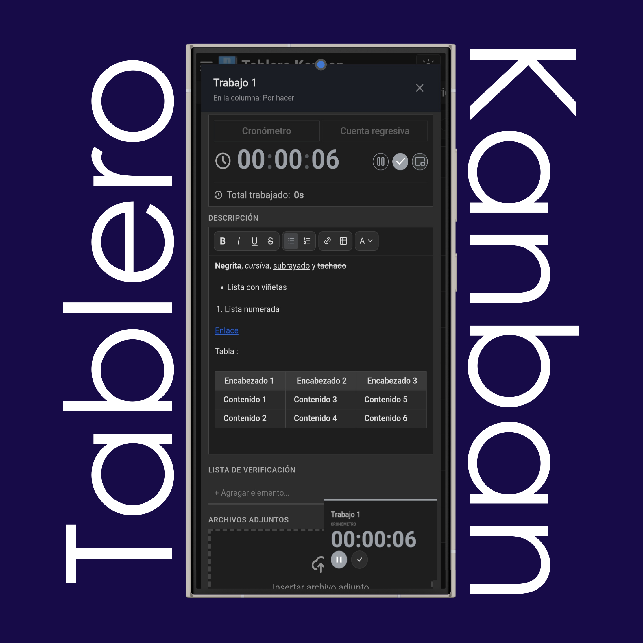Modo Picture-in-Picture del temporizador del tablero kanban