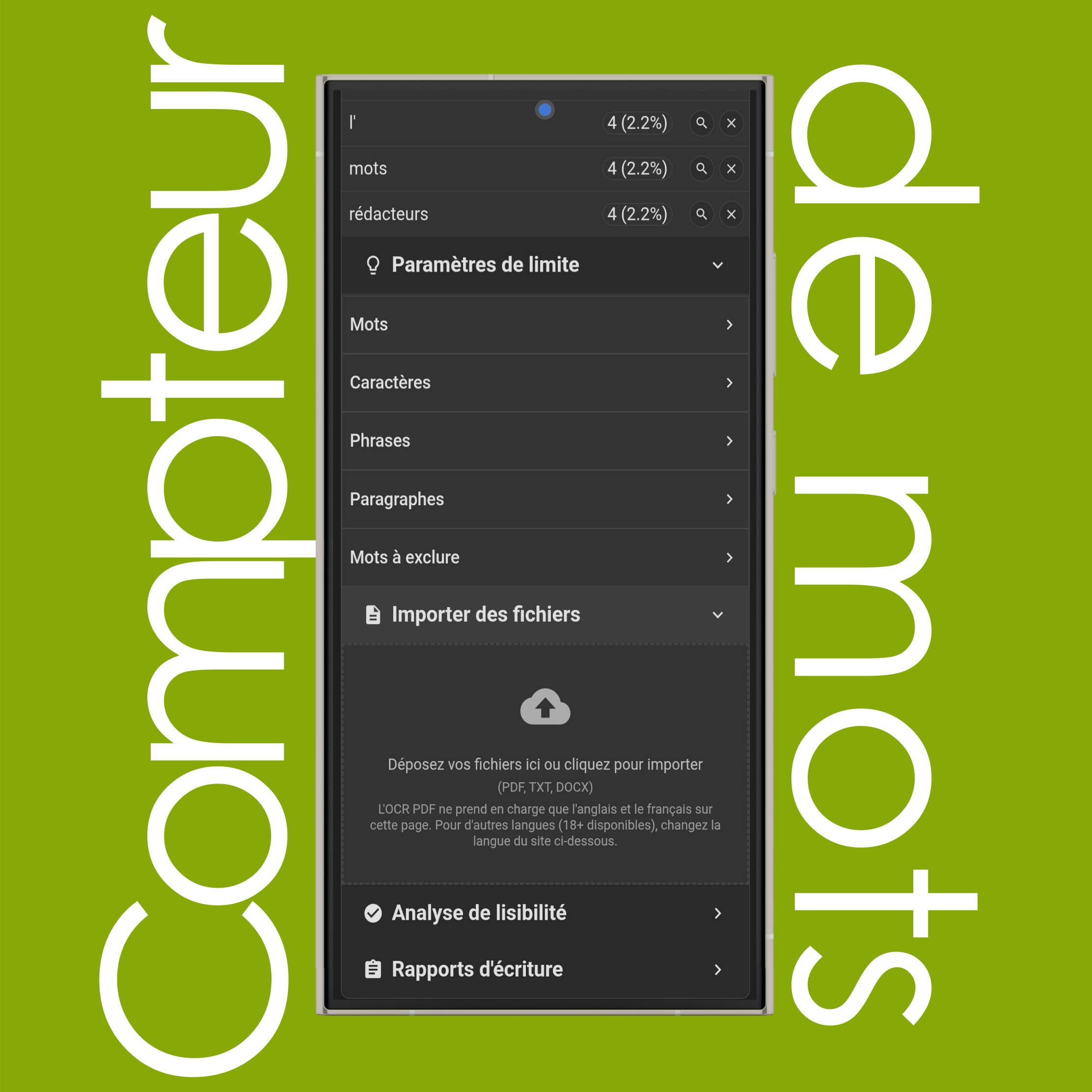Importer un fichier (PDF, TXT, DOCX) pour compter les mots et les caractères