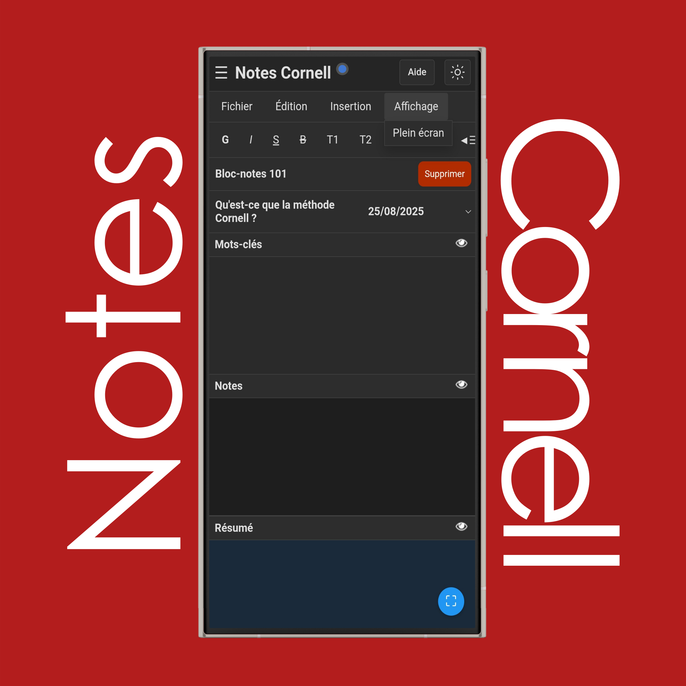 Menu Affichage des notes Cornell