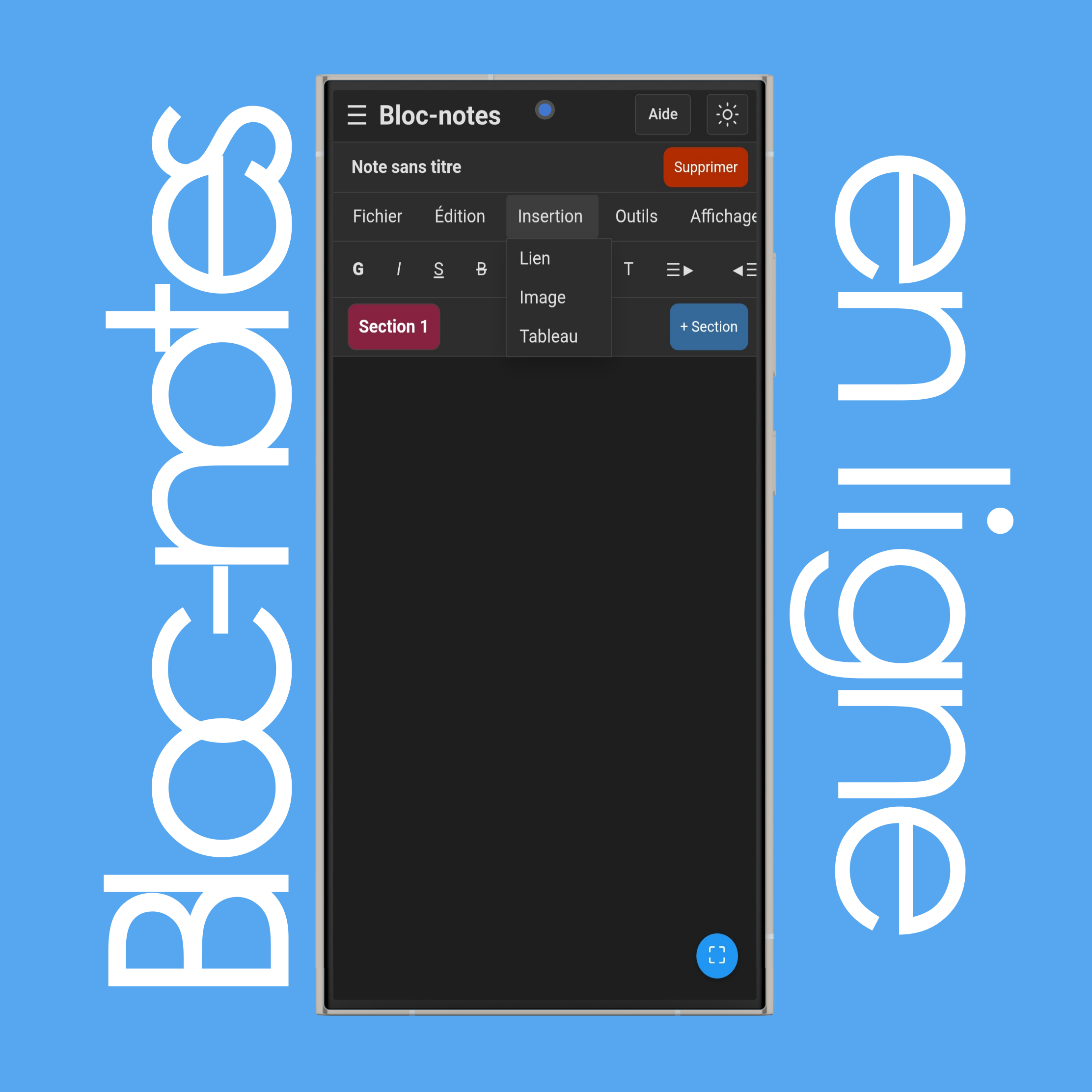 Menu Insertion du bloc-notes
