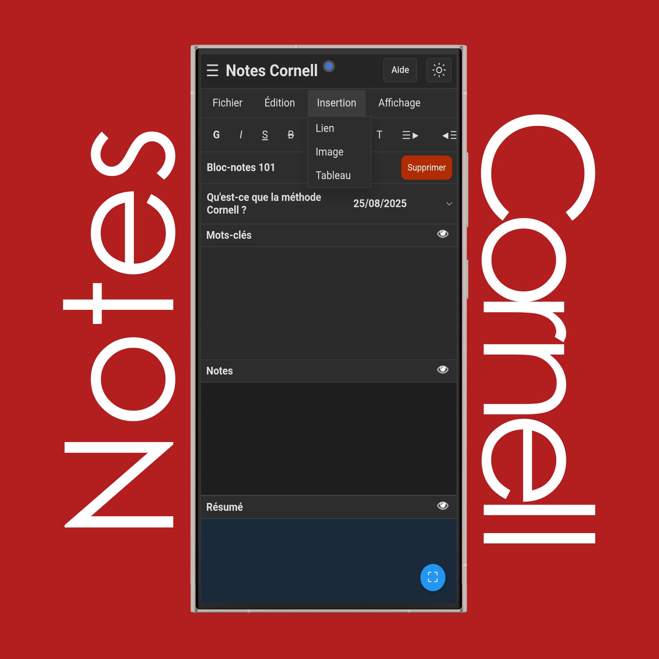 Menu Insertion des notes Cornell