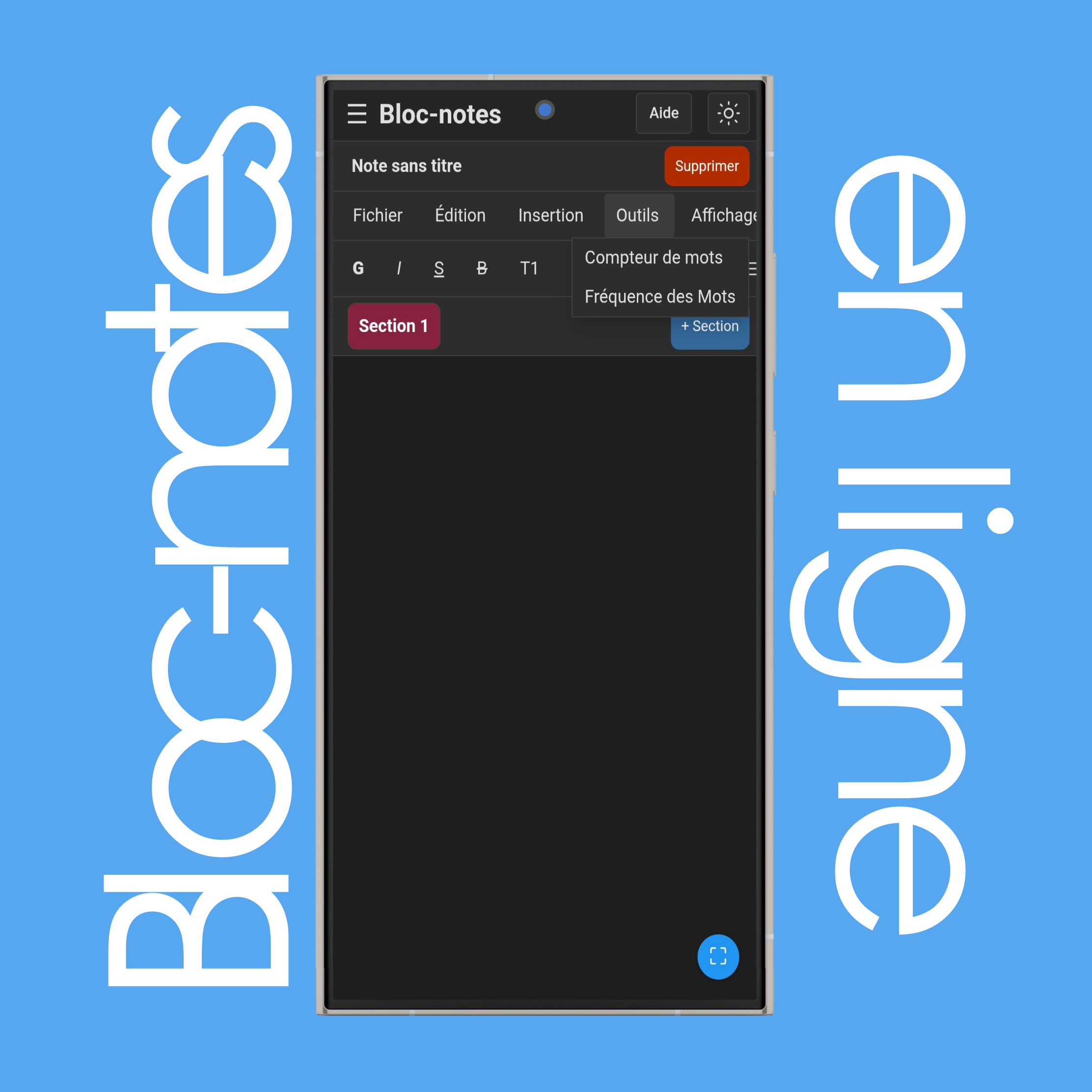 Menu Outils du bloc-notes