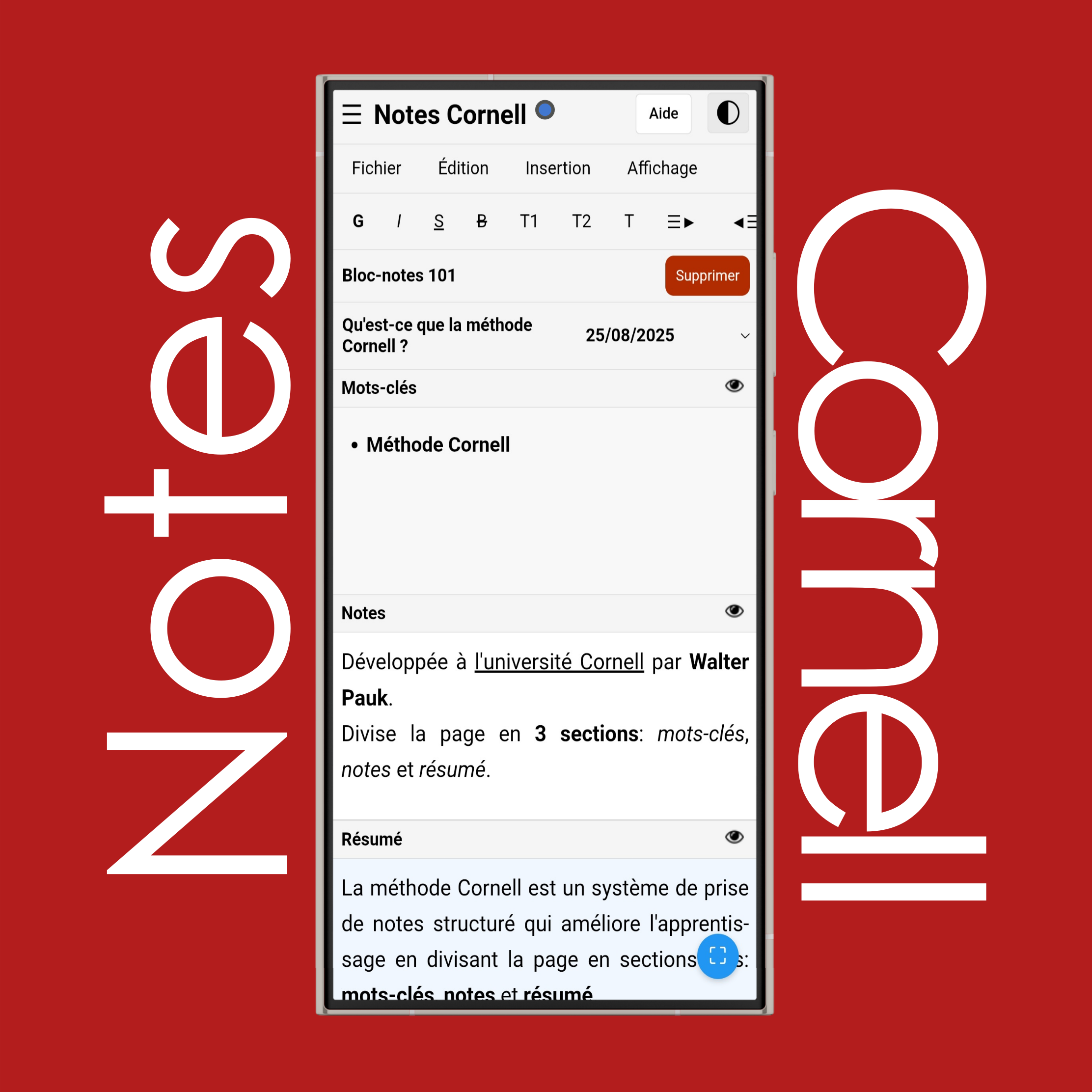 Mode clair et sombre des notes Cornell