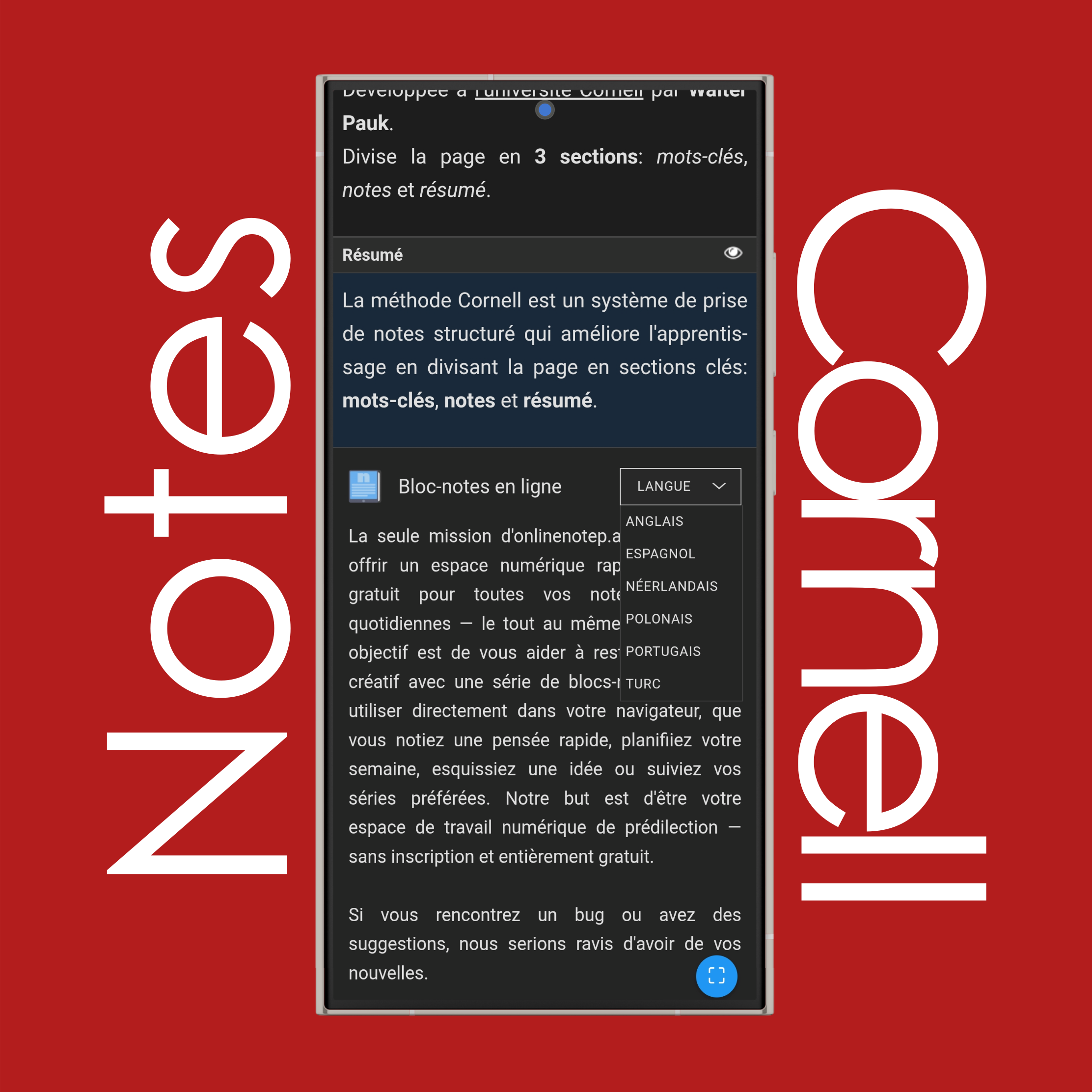 Paramètres de langue des notes Cornell