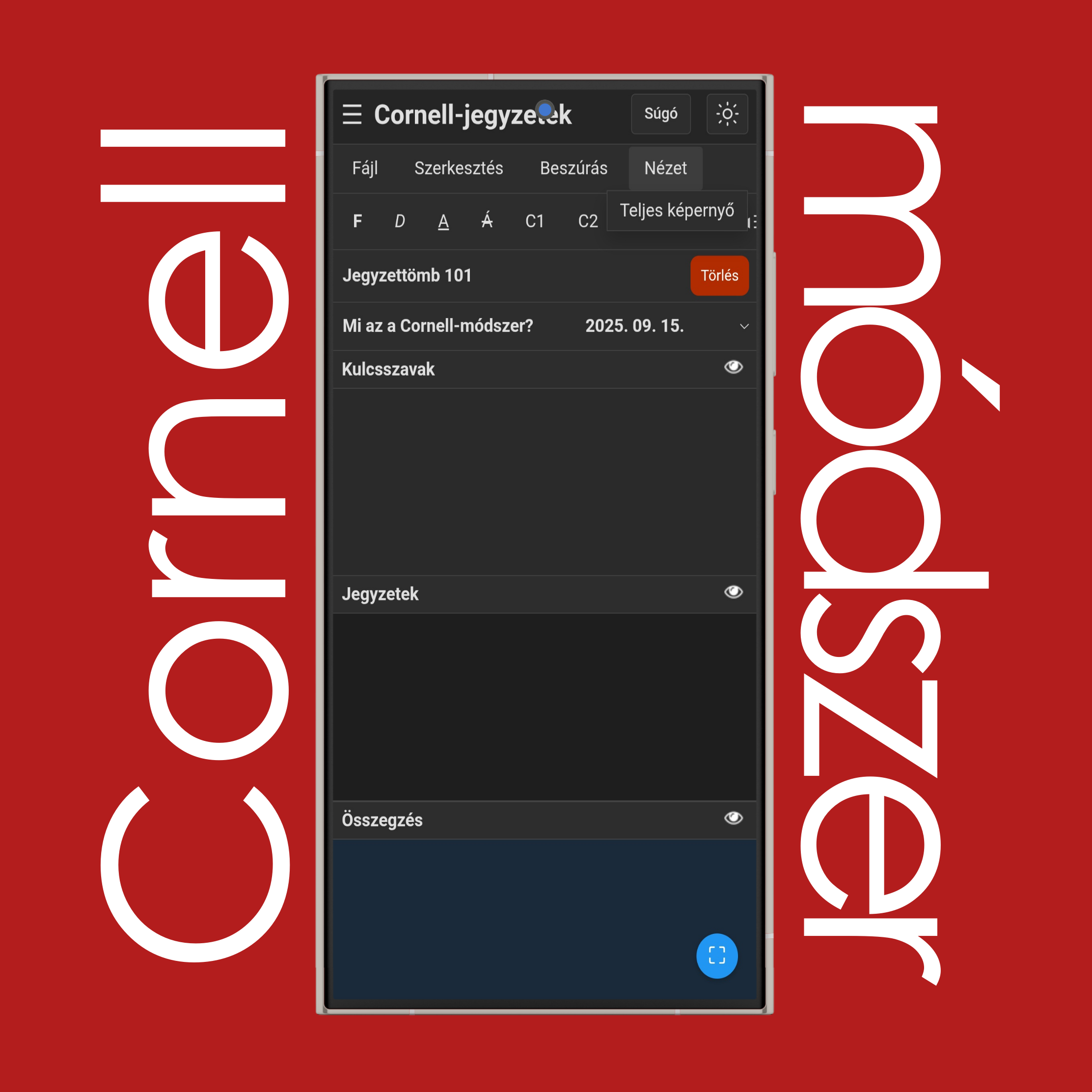 Cornell-jegyzetek Nézet menü