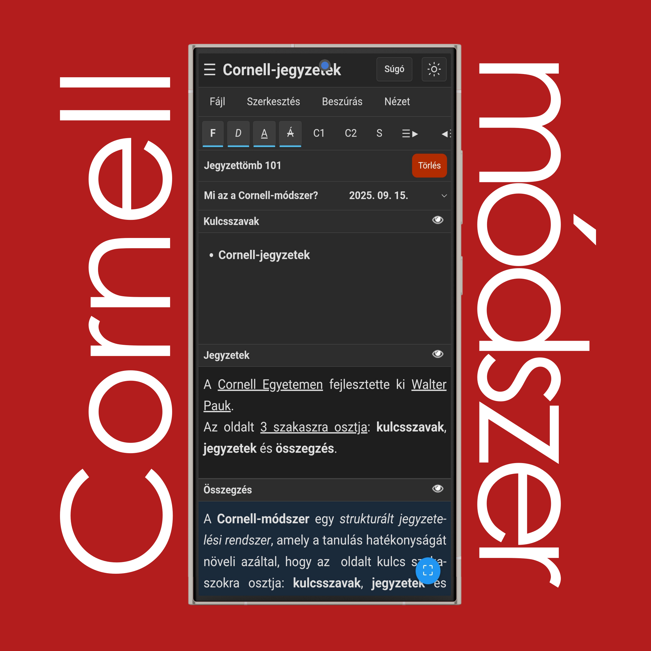 Cornell-jegyzetek szövegformázás