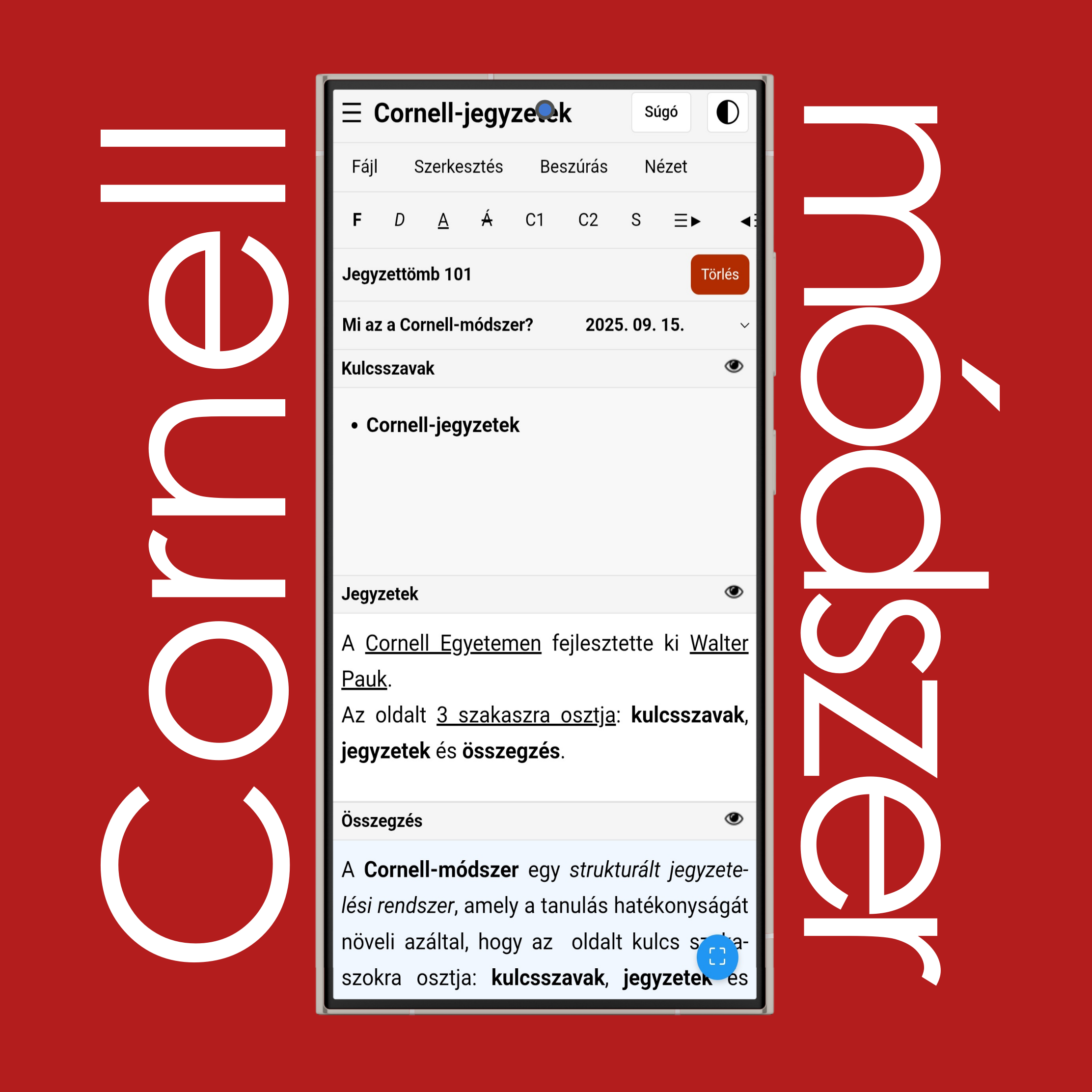 Cornell-jegyzetek világos és sötét mód