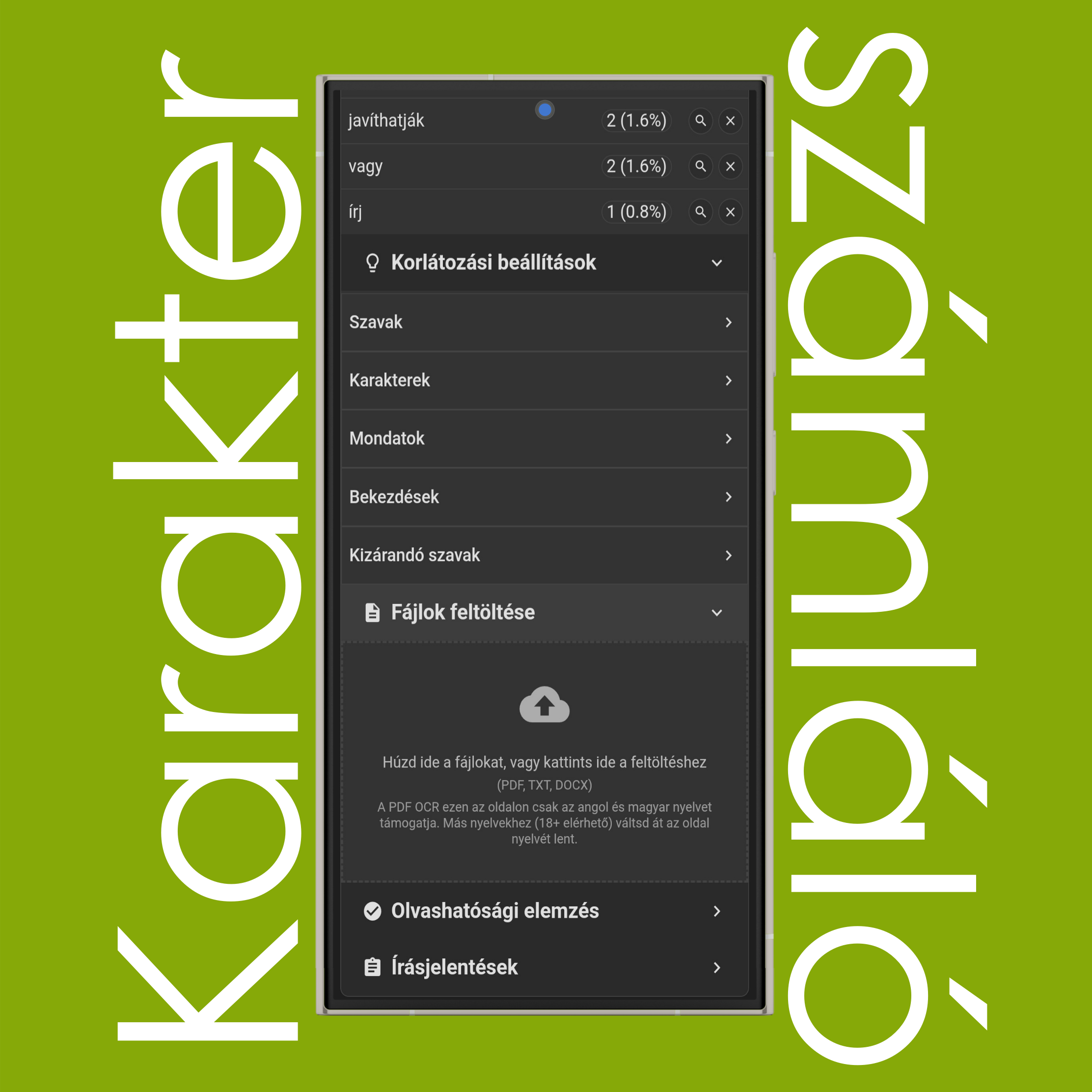 Fájlfeltöltés (PDF, TXT, DOCX) szavak és karakterek számlálásához