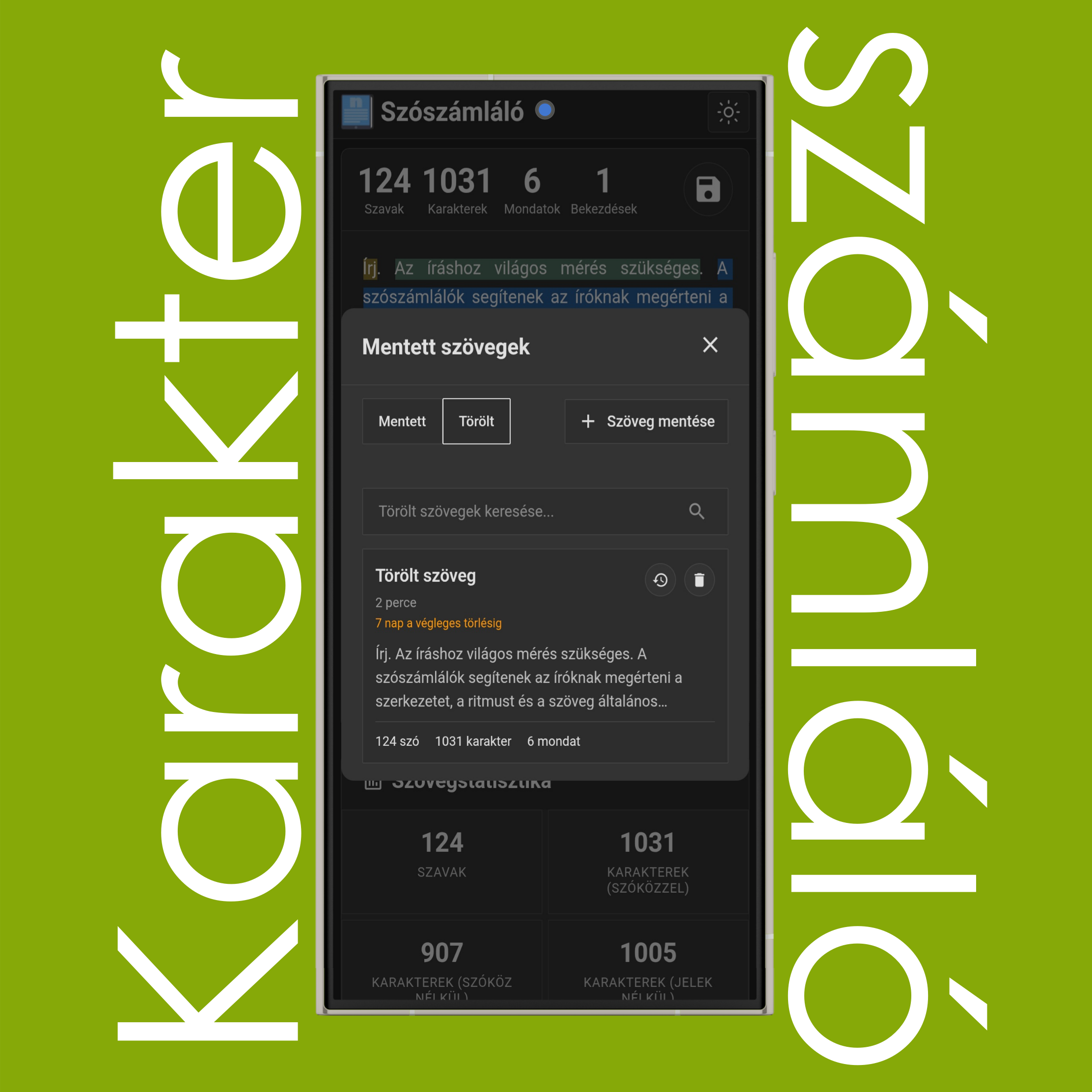 Keresés, visszaállítás, végleges törlés a törölt szövegeknél