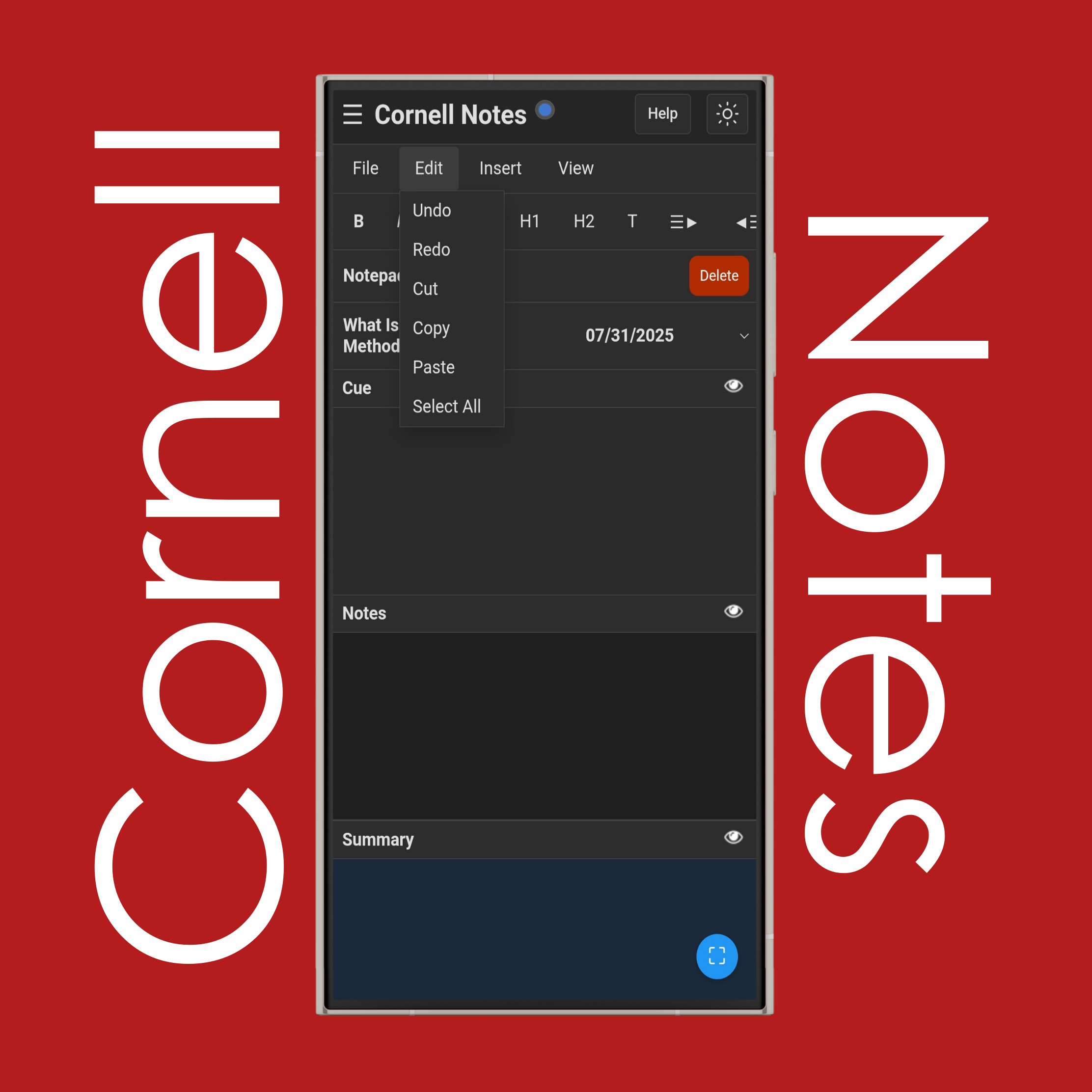 Cornell Notes Edit Menu