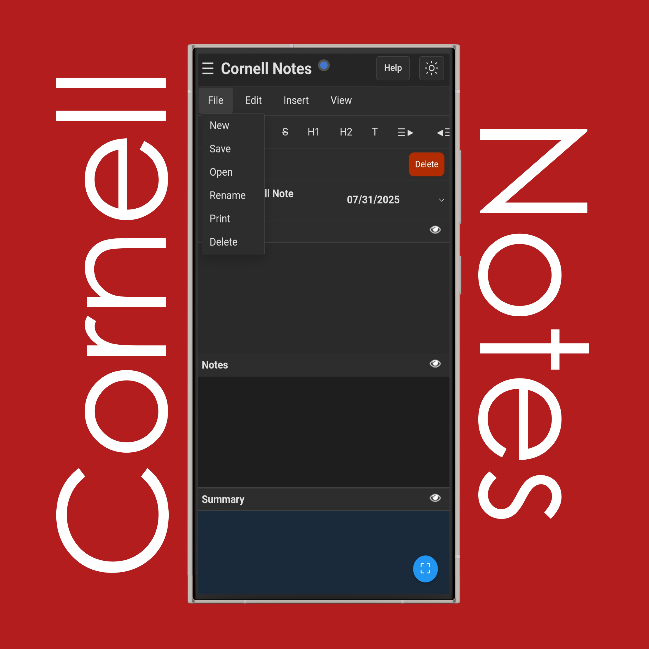 Cornell Notes File Menu
