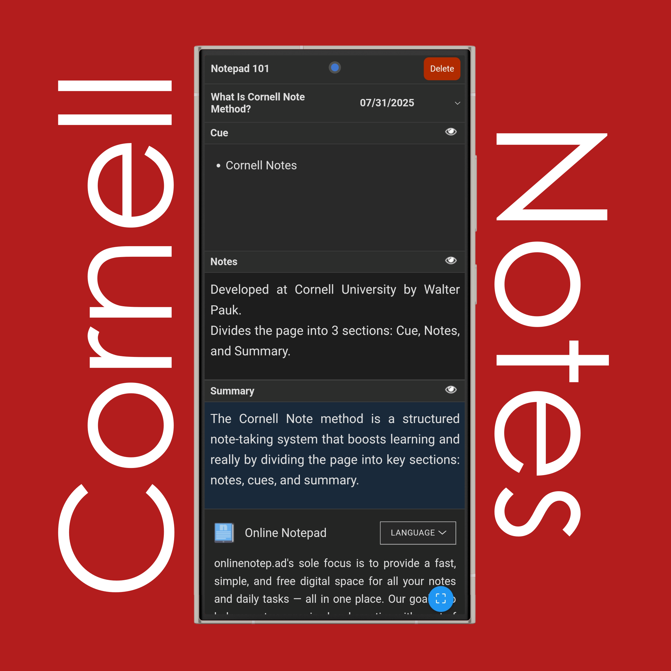 Cornell Notes Language Settings